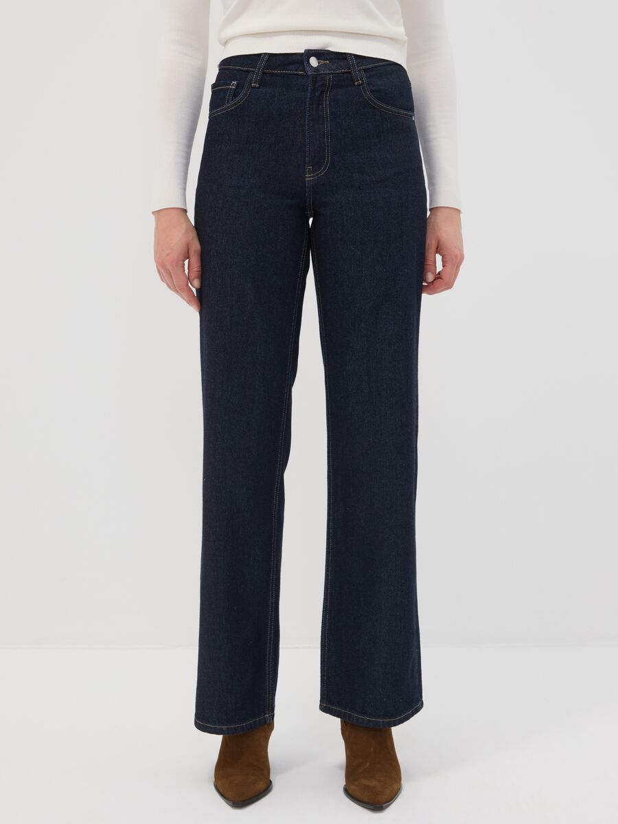 High-waisted wide-leg blue denim jeans in pure cotton_1