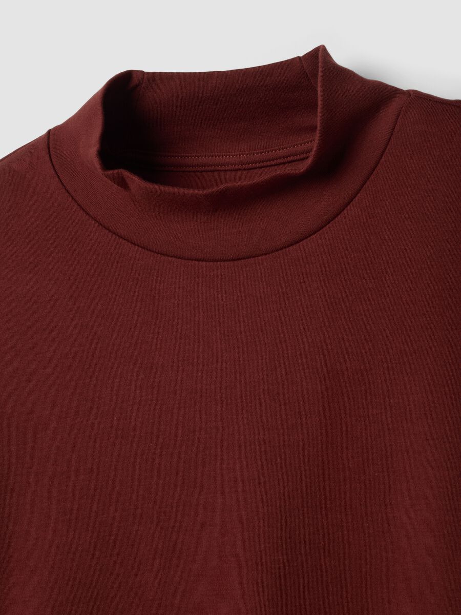 Brown pure cotton T-shirt with structured high neck_1