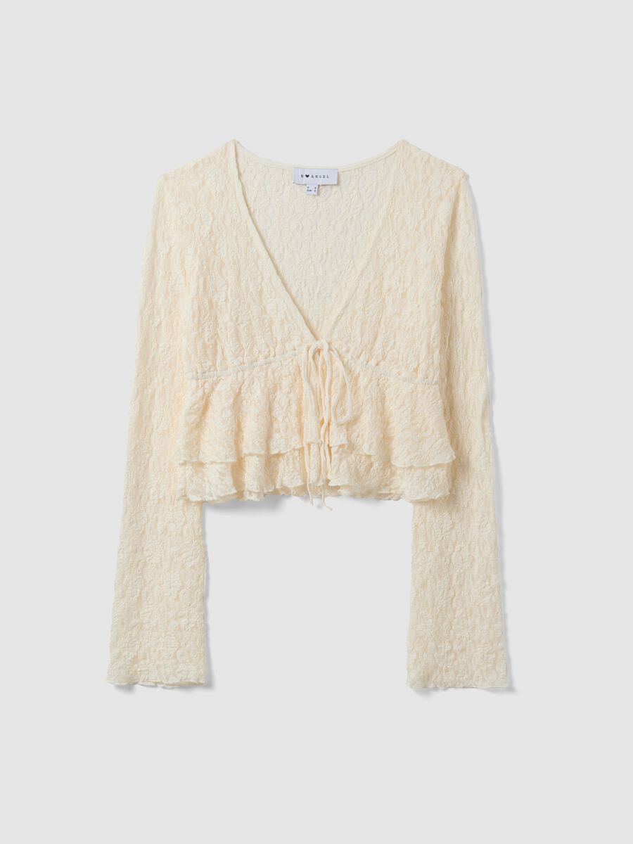 White stretch fabric top with deep V-neck and ruffle hem_0