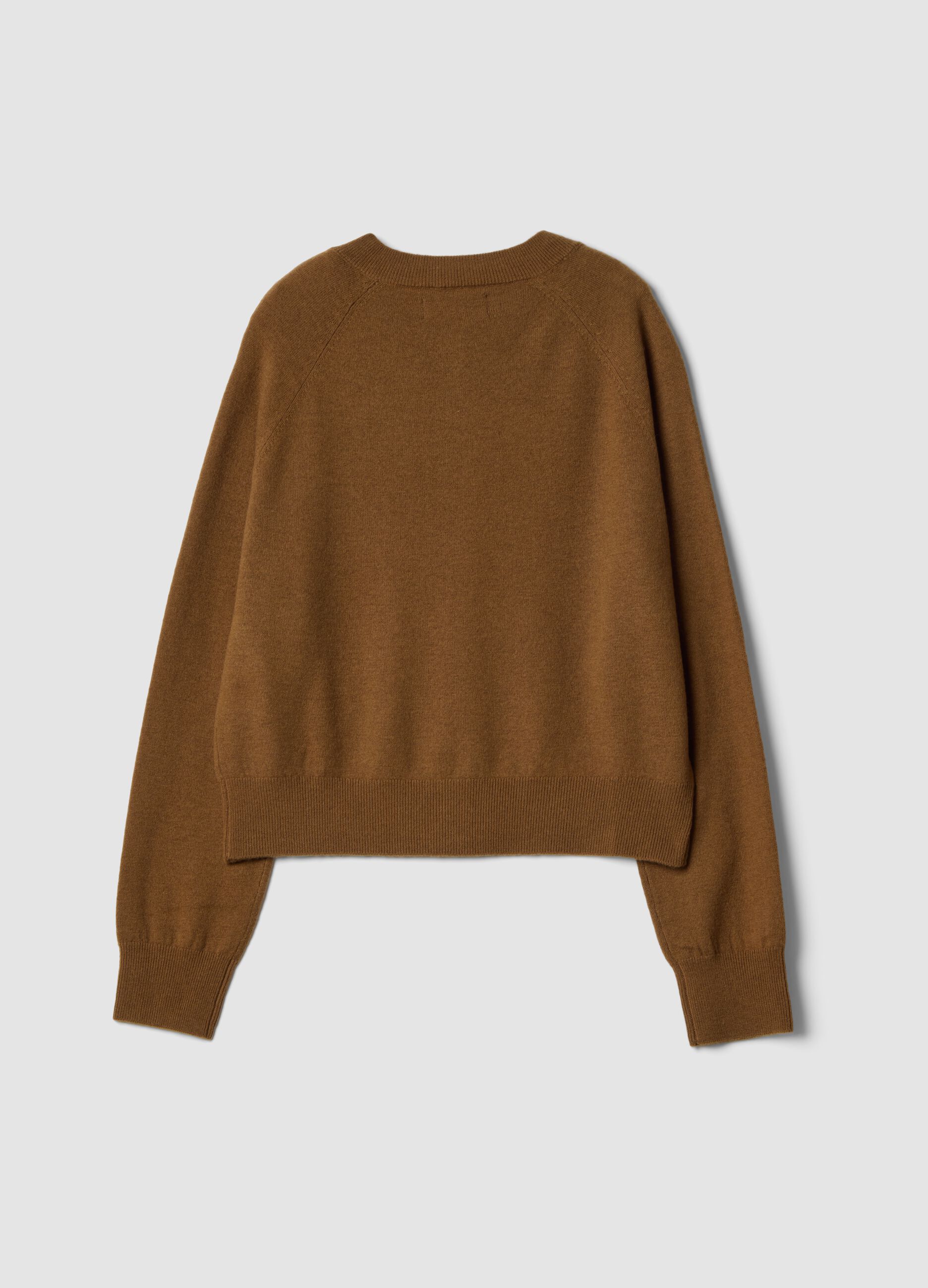 Brown pure wool crew-neck cardigan, regular fit