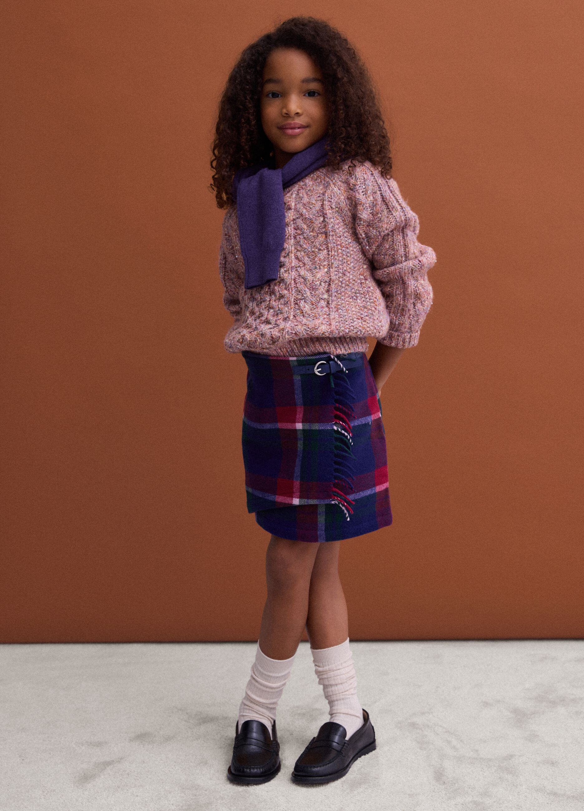 Regular-fit tartan check skirt in a wool and viscose blend