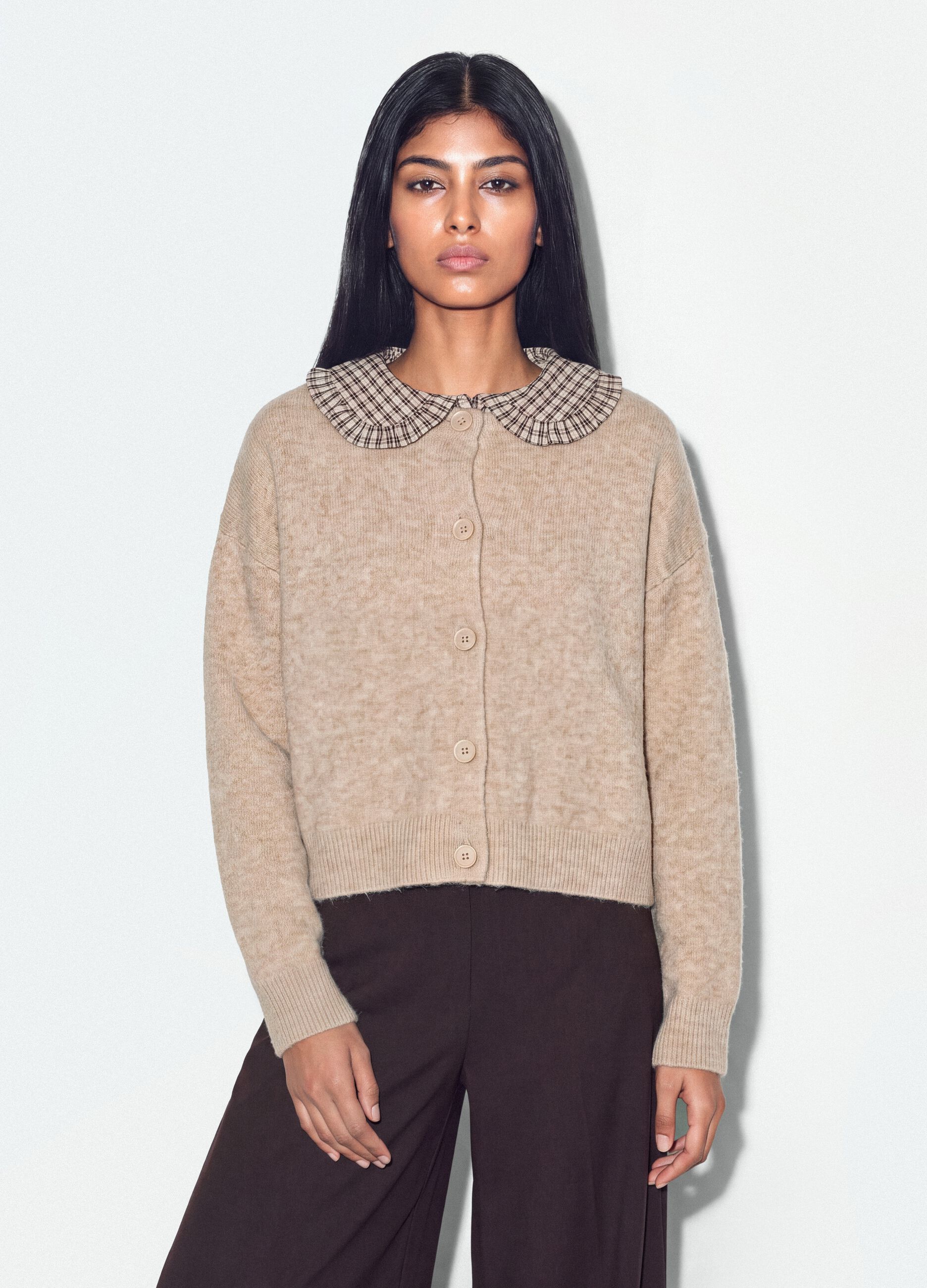 Beige stretch-fabric crew-neck cardigan with oversized fit