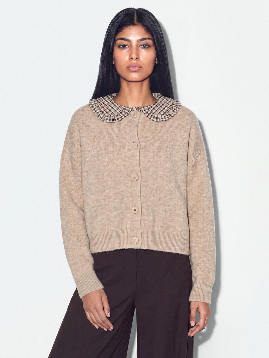 Beige stretch-fabric crew-neck cardigan with oversized fit_0
