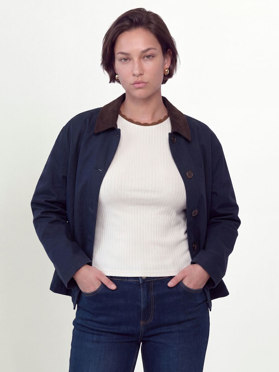 Blue pure cotton jacket with contrasting collar, regular fit_0