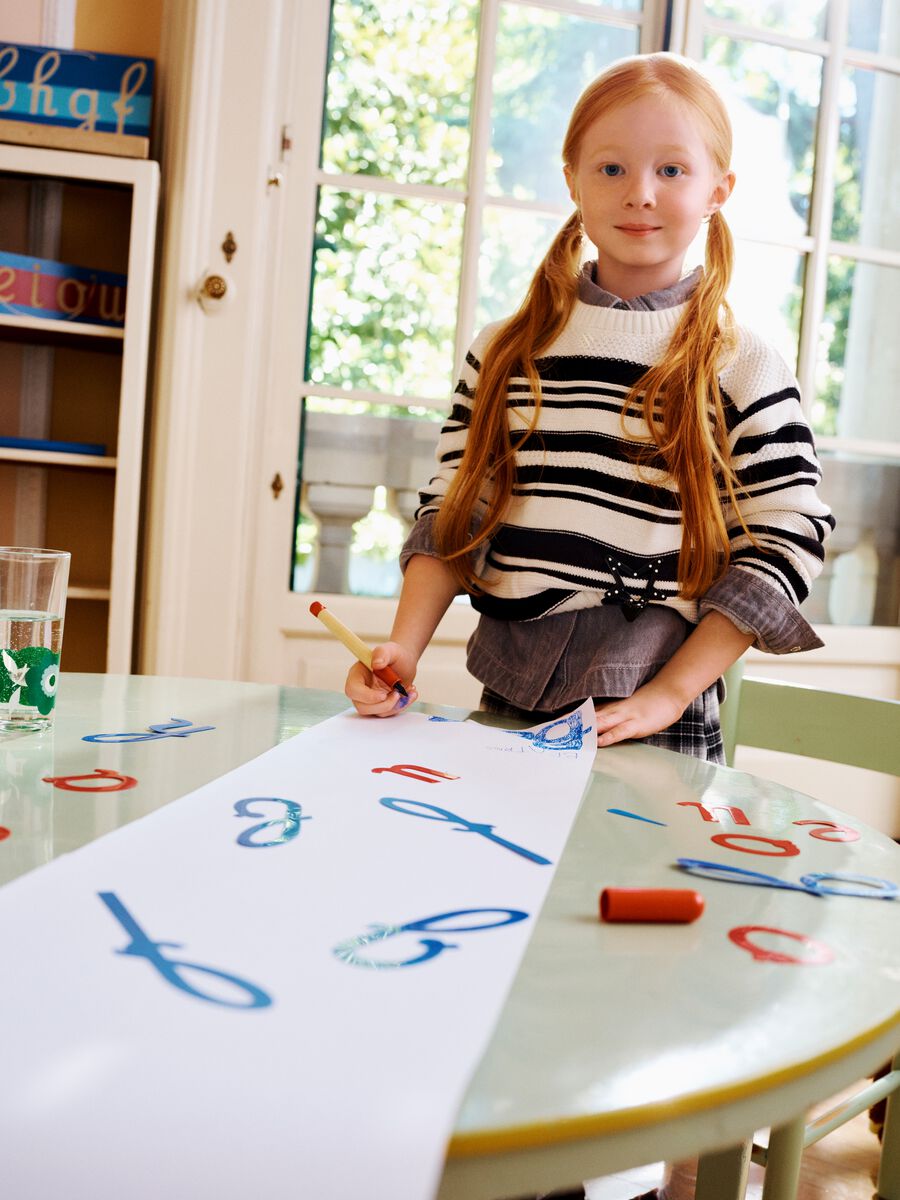 White striped cotton-blend crew-neck top for girls_0