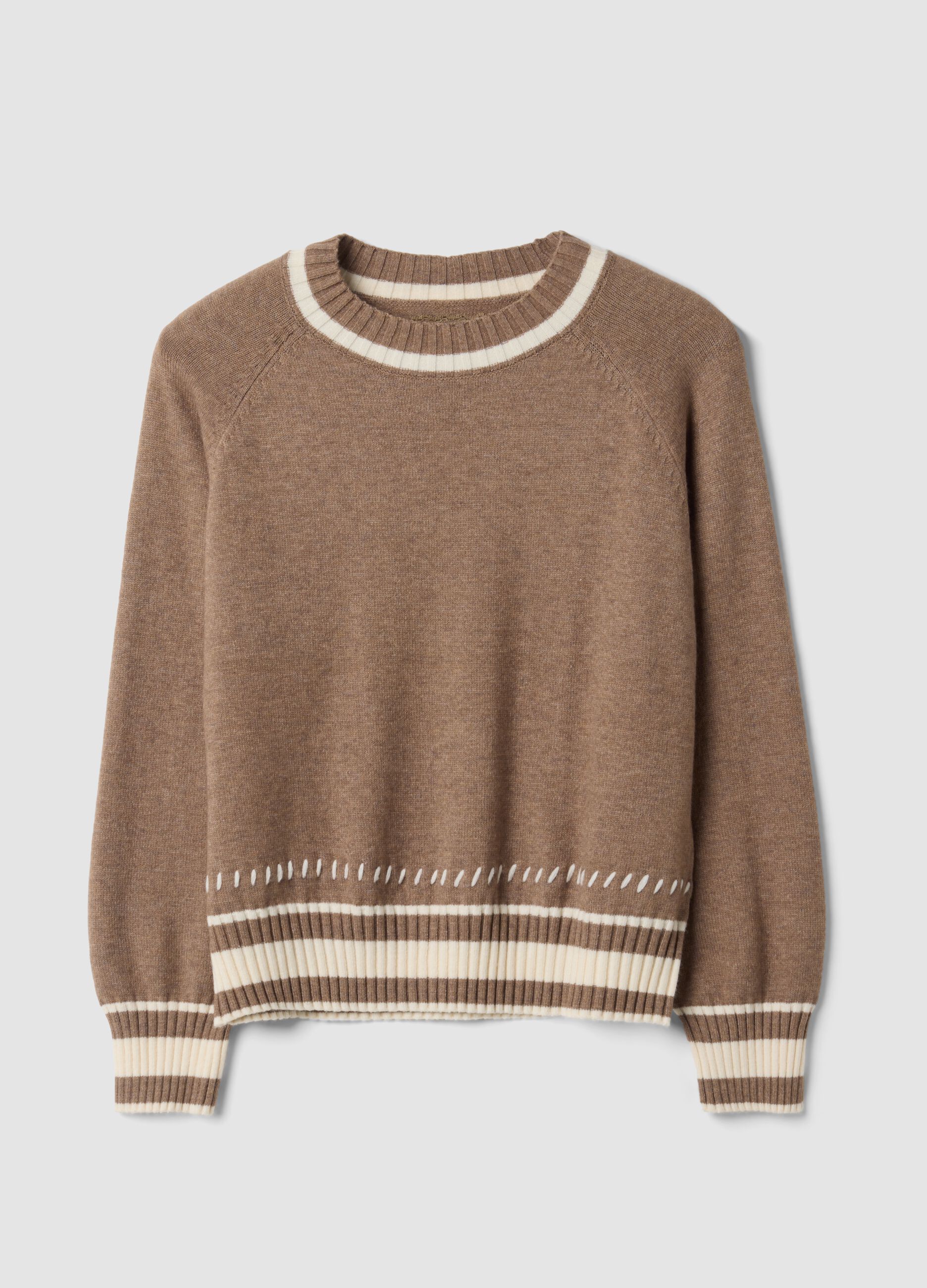 Brown viscose-blend jumper with striped trims, regular fit