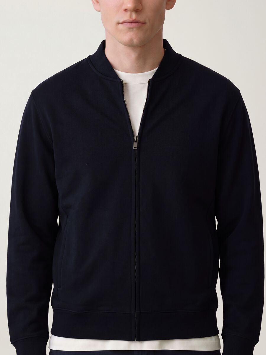 Navy full-zip sweatshirt in stretch piqu&eacute; with ribbed collar_2