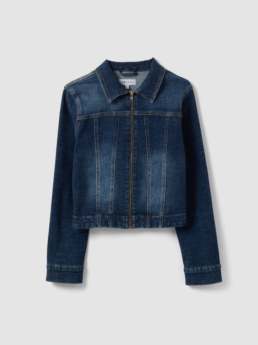 Blue slim-fit stretch cotton denim jacket with zip_4