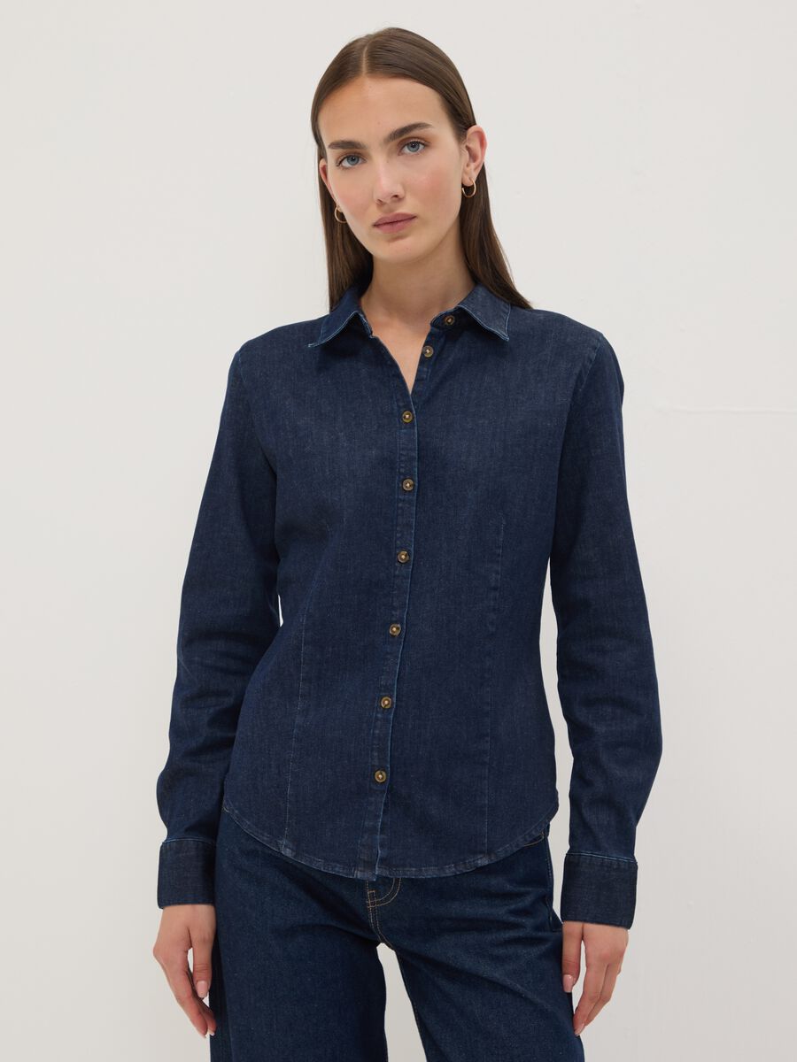 Dark blue slim-fit stretch cotton denim shirt_1
