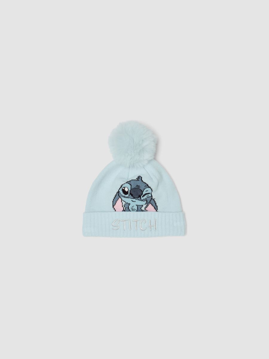 Light Blue Stretch Viscose Beanie with Pom-Pom and Lilo & Stitch Print_0