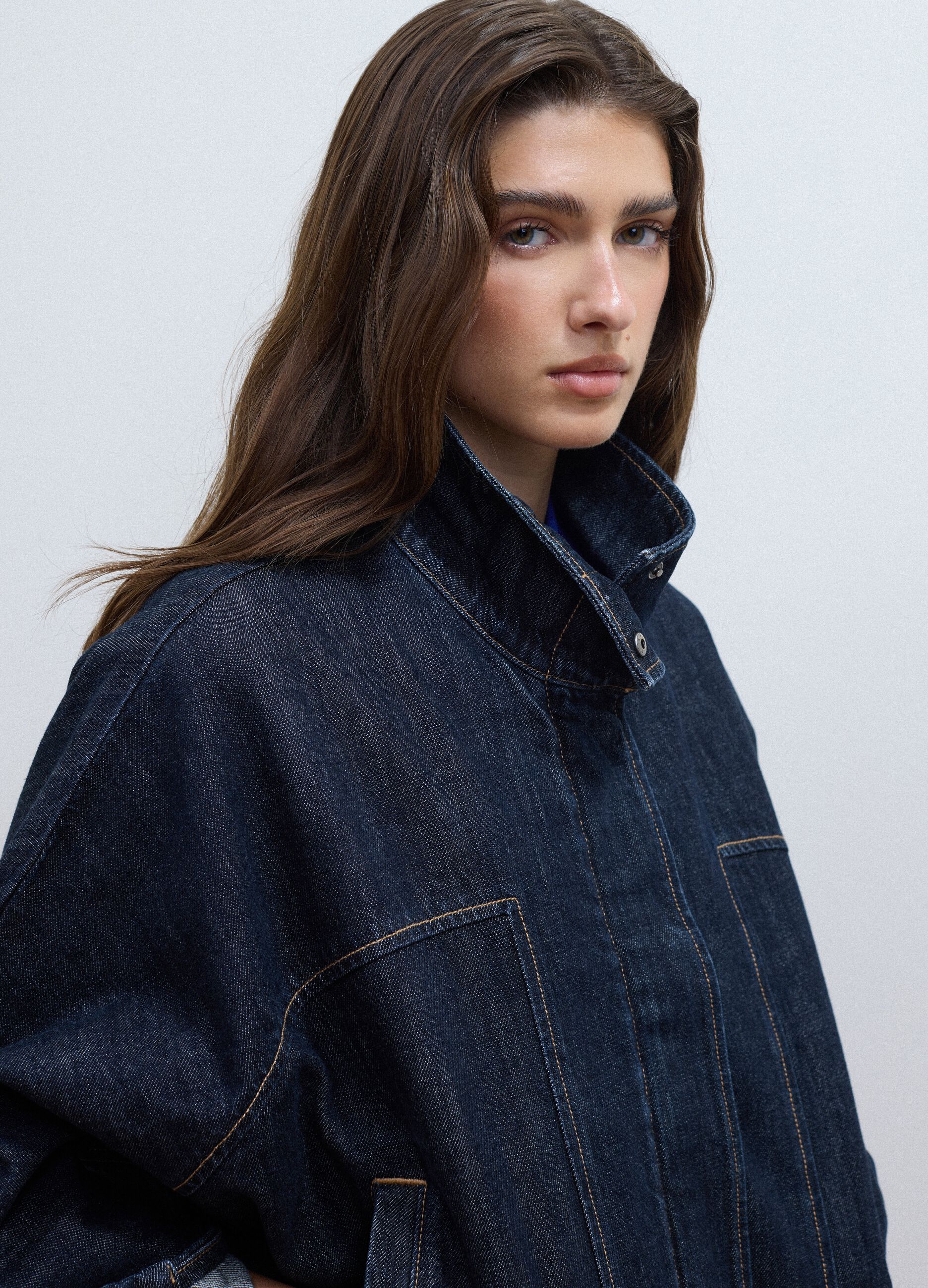 Blue pure cotton denim jacket with zip, oversized fit