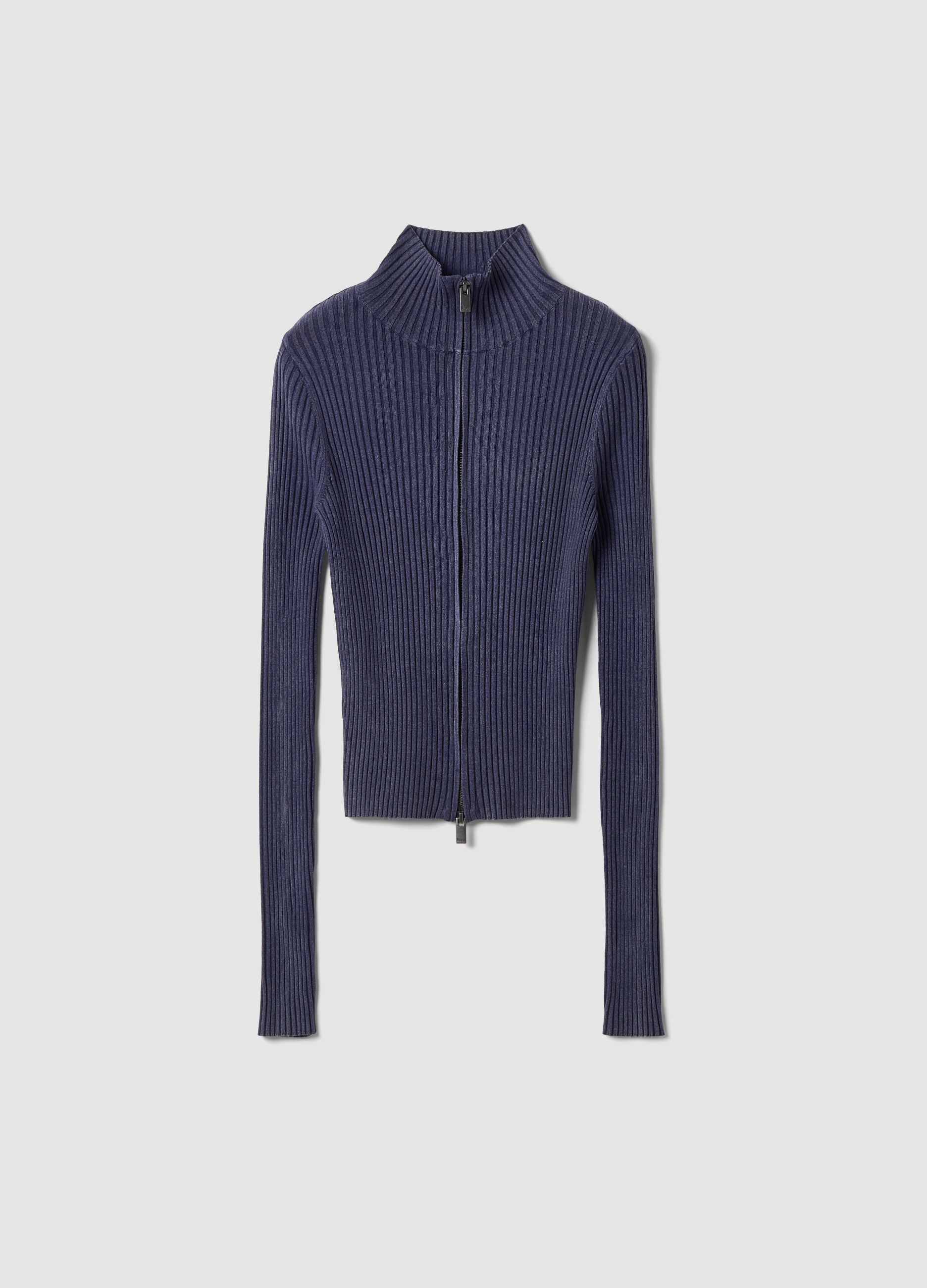 Full-Zip Ribbed Knit Twilight Blue
