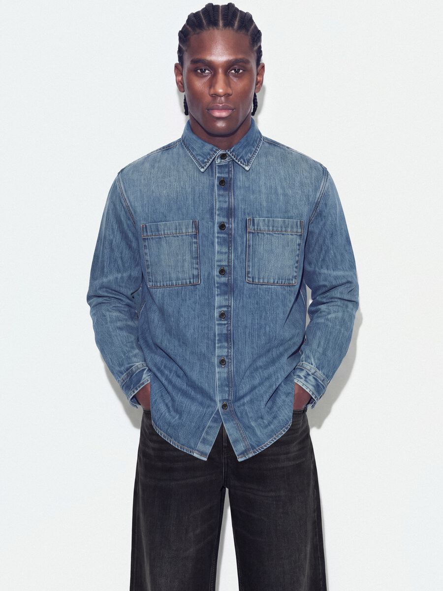 Blue pure cotton denim shirt, regular fit_0