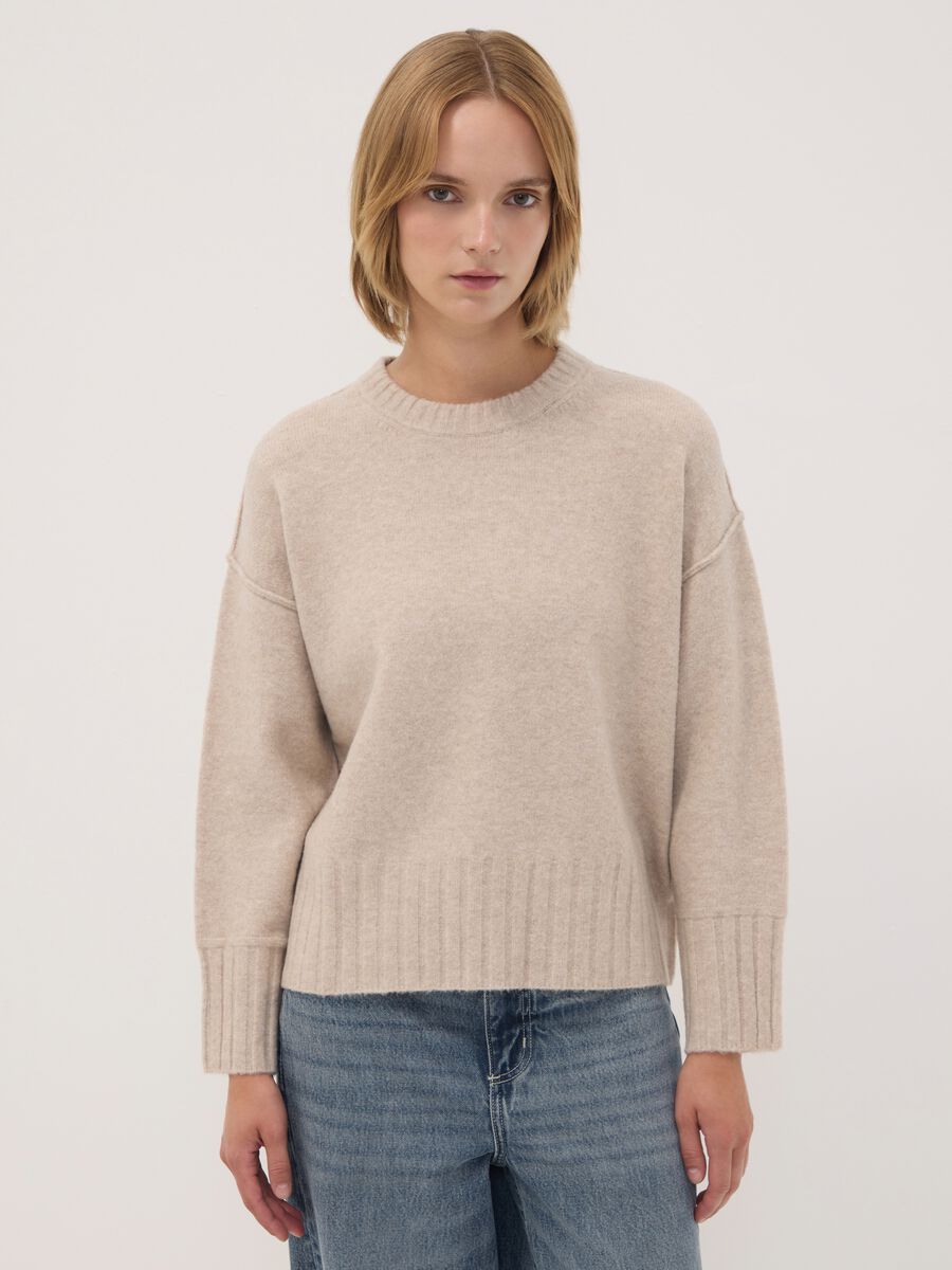 Beige crew-neck jumper in stretch fabric_0