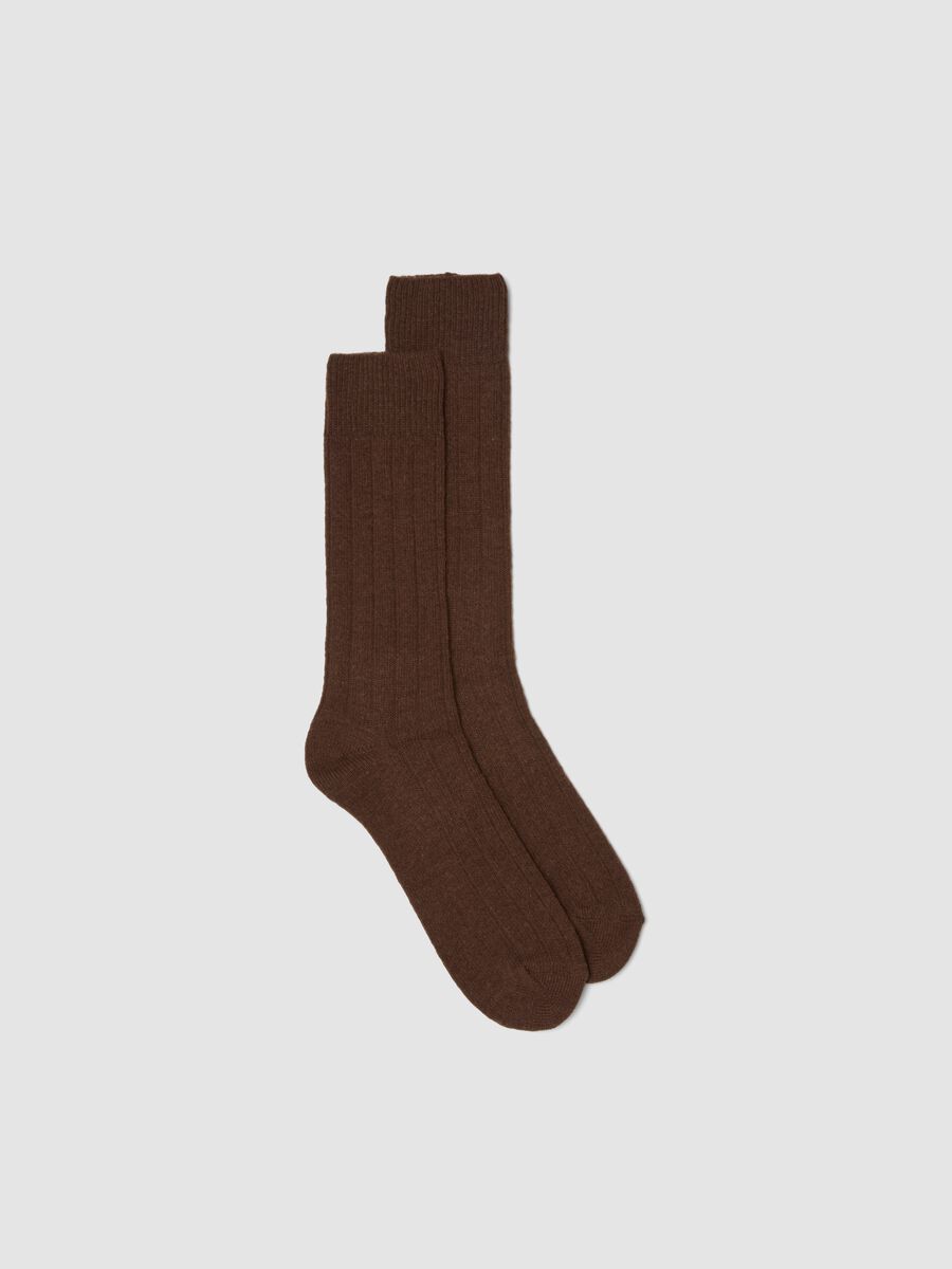 Calze midi marroni in lana, viscosa e cashmere elasticizzati_0