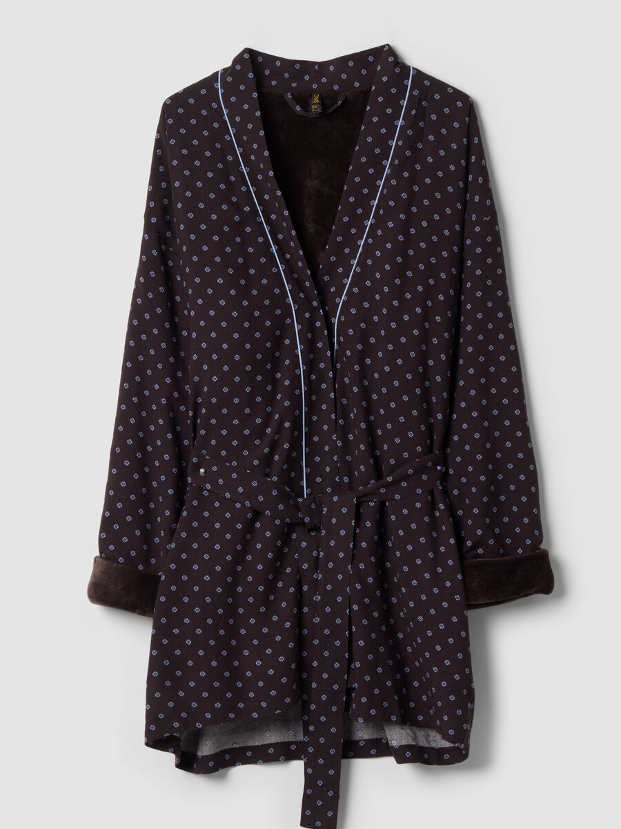 Brown pure viscose dressing gown with micro-floral print_0