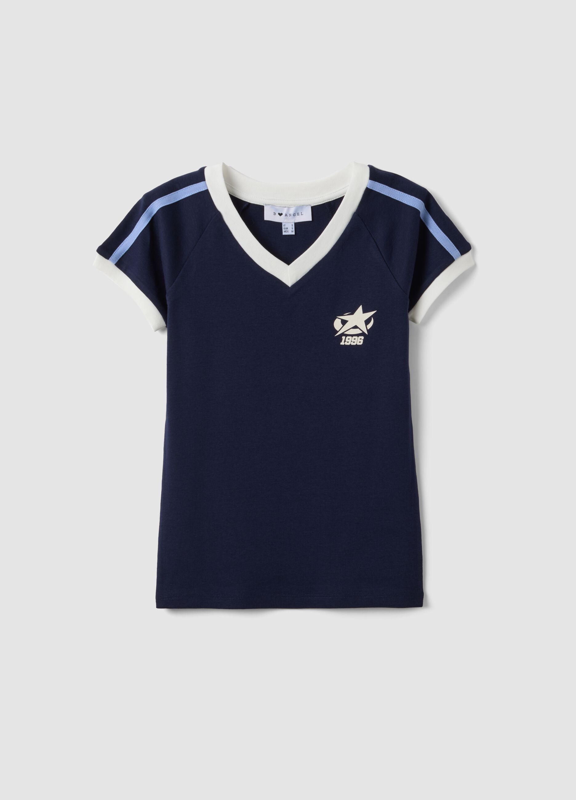 T-shirt blu in puro cotone con scollo a V e stampa frontale