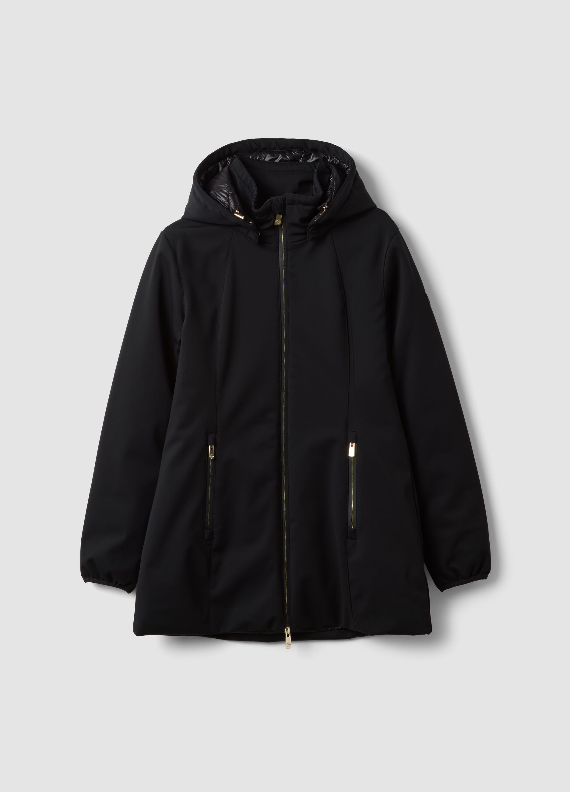Black stretch-fabric parka with hood, regular fit