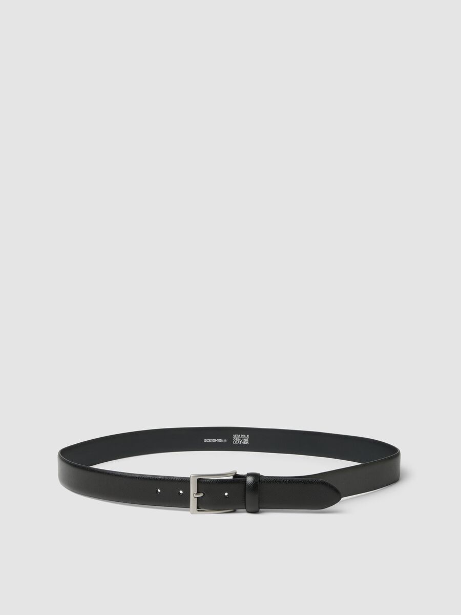 Black genuine leather belt with metal buckle_0