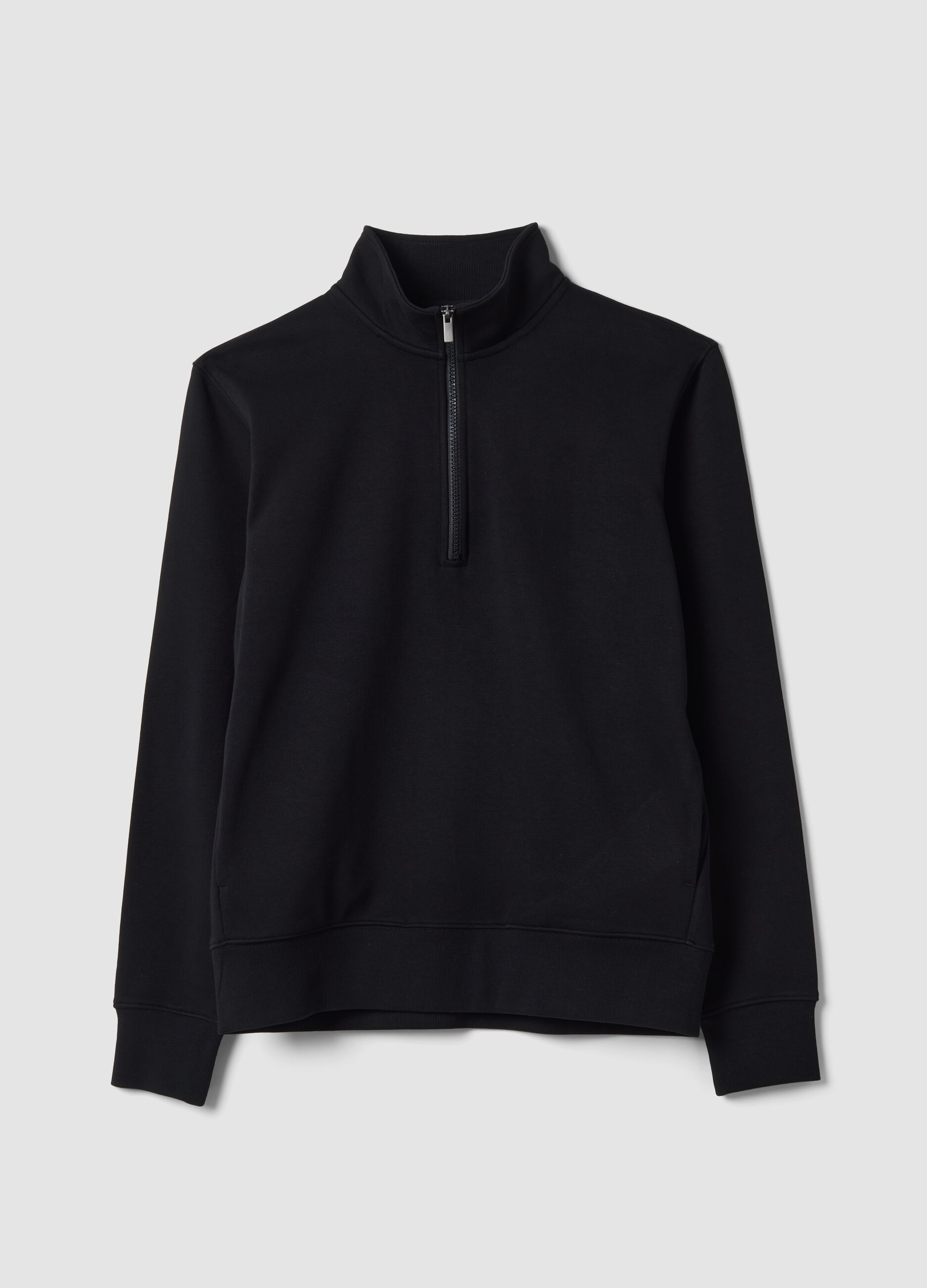 Black cotton-blend half-zip sweatshirt with crew neck