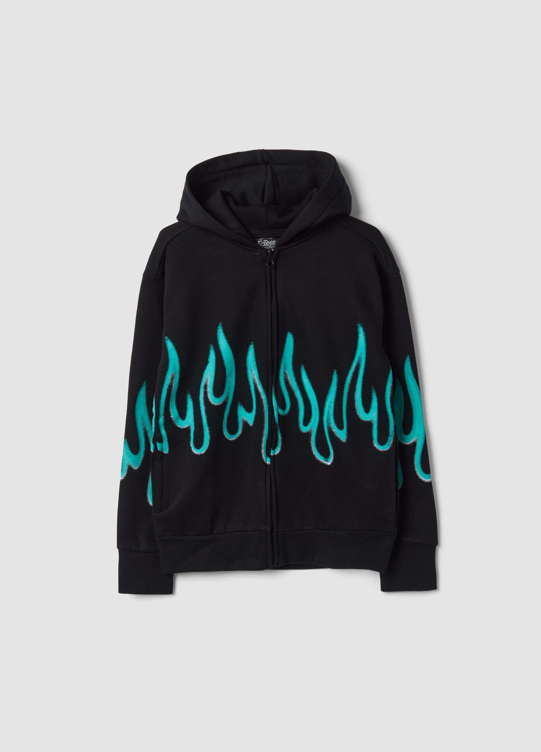 Black cotton-blend hoodie with flame print