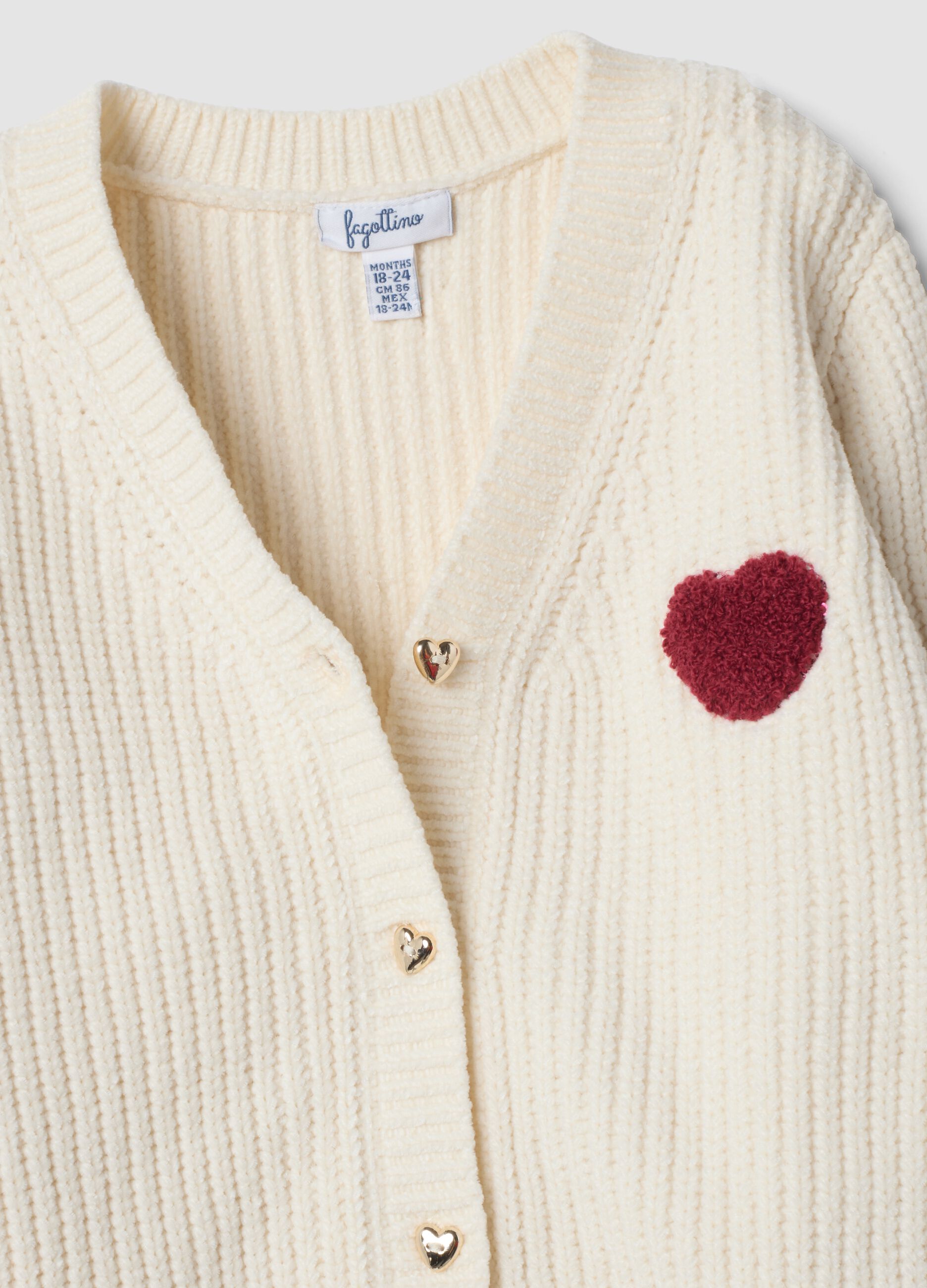 White knitted cardigan with heart embroidery, regular fit