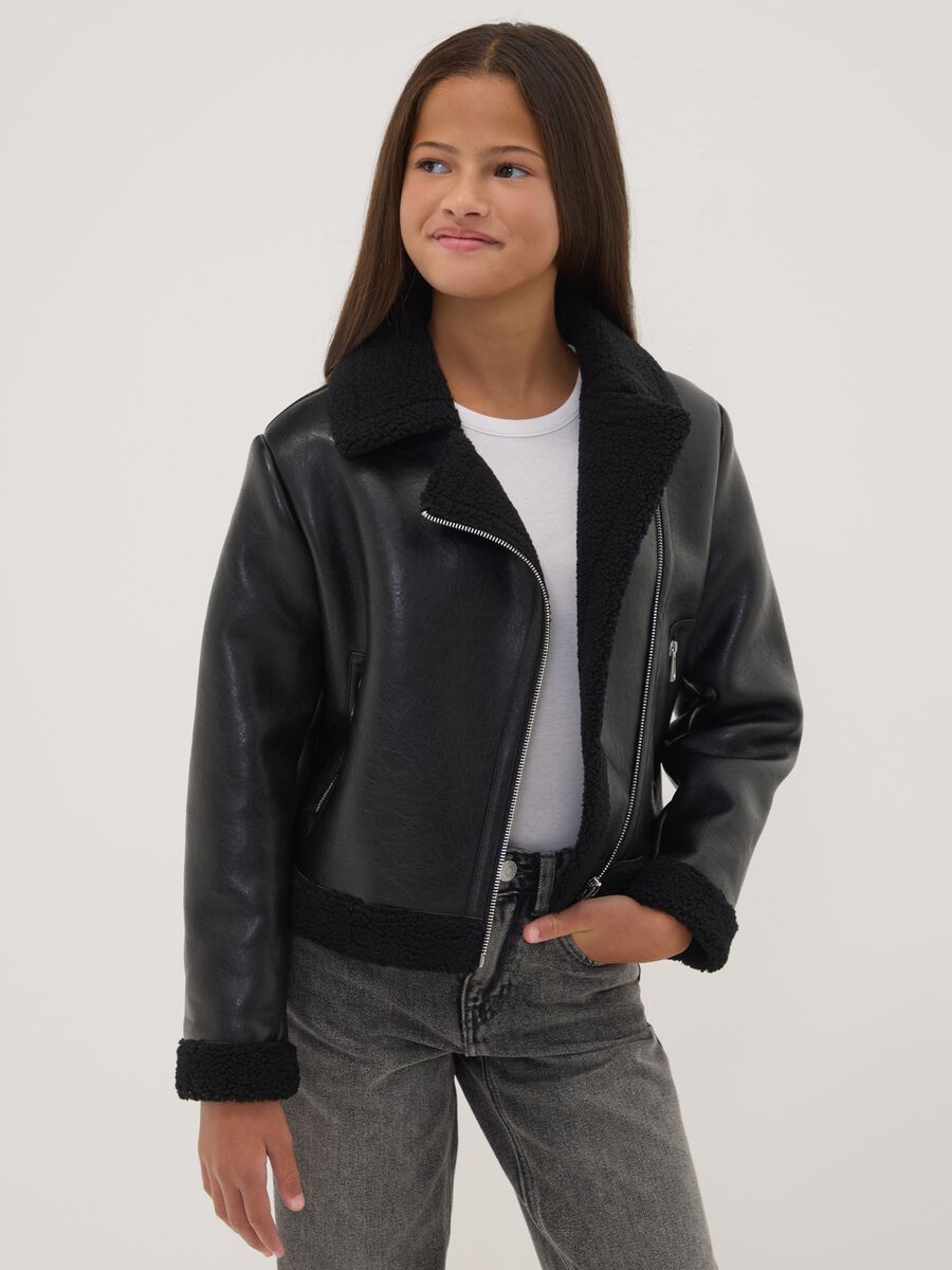 Black aviator-style jacket with diagonal zip_0