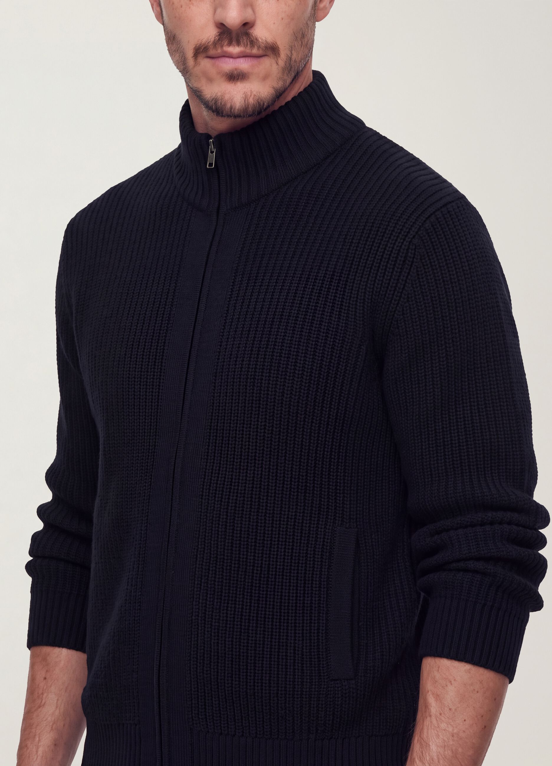 Navy rib-knit zip cardigan with collar, regular fit