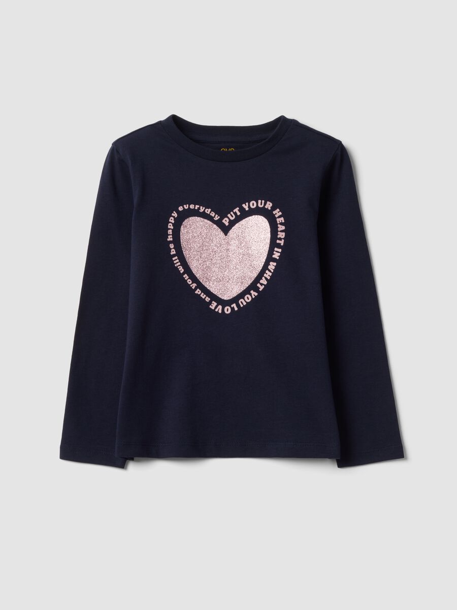 Blue pure organic cotton T-shirt with heart print for girls_0