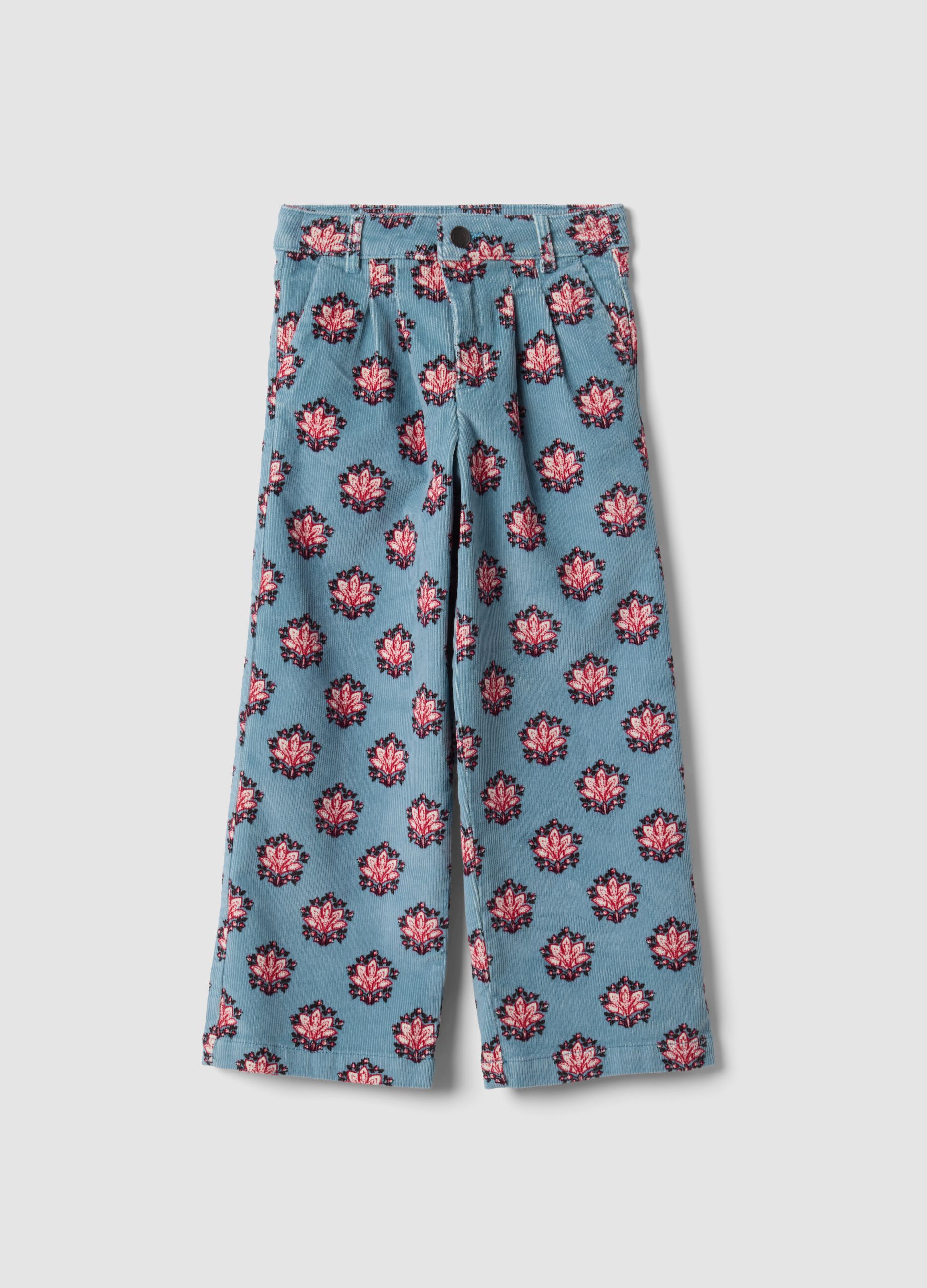Light Blue Ribbed Stretch Cotton Patterned Trousers