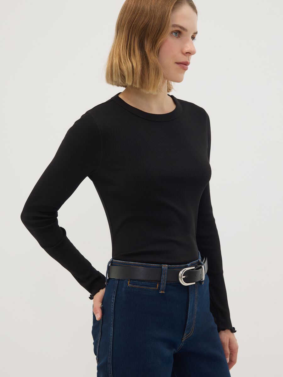 T-shirt nera in puro cotone a maniche lunghe girocollo regular fit_2