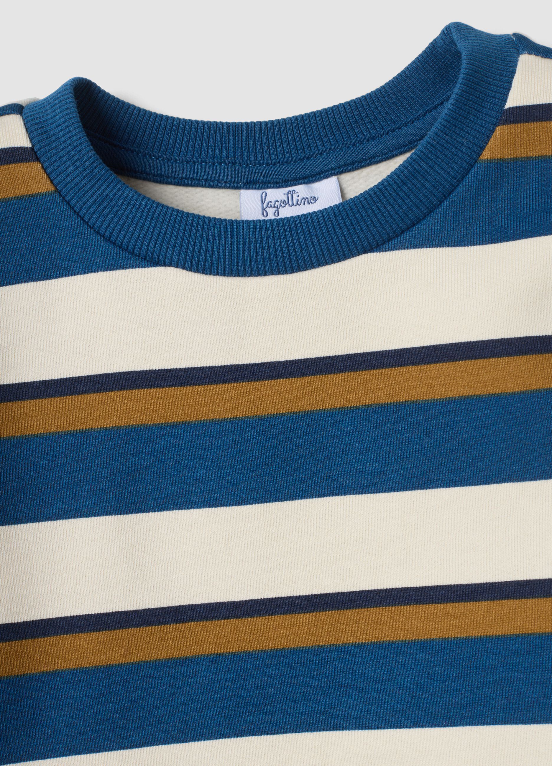 Ivory, navy and tobacco-brown pure cotton crew-neck sweatshirt