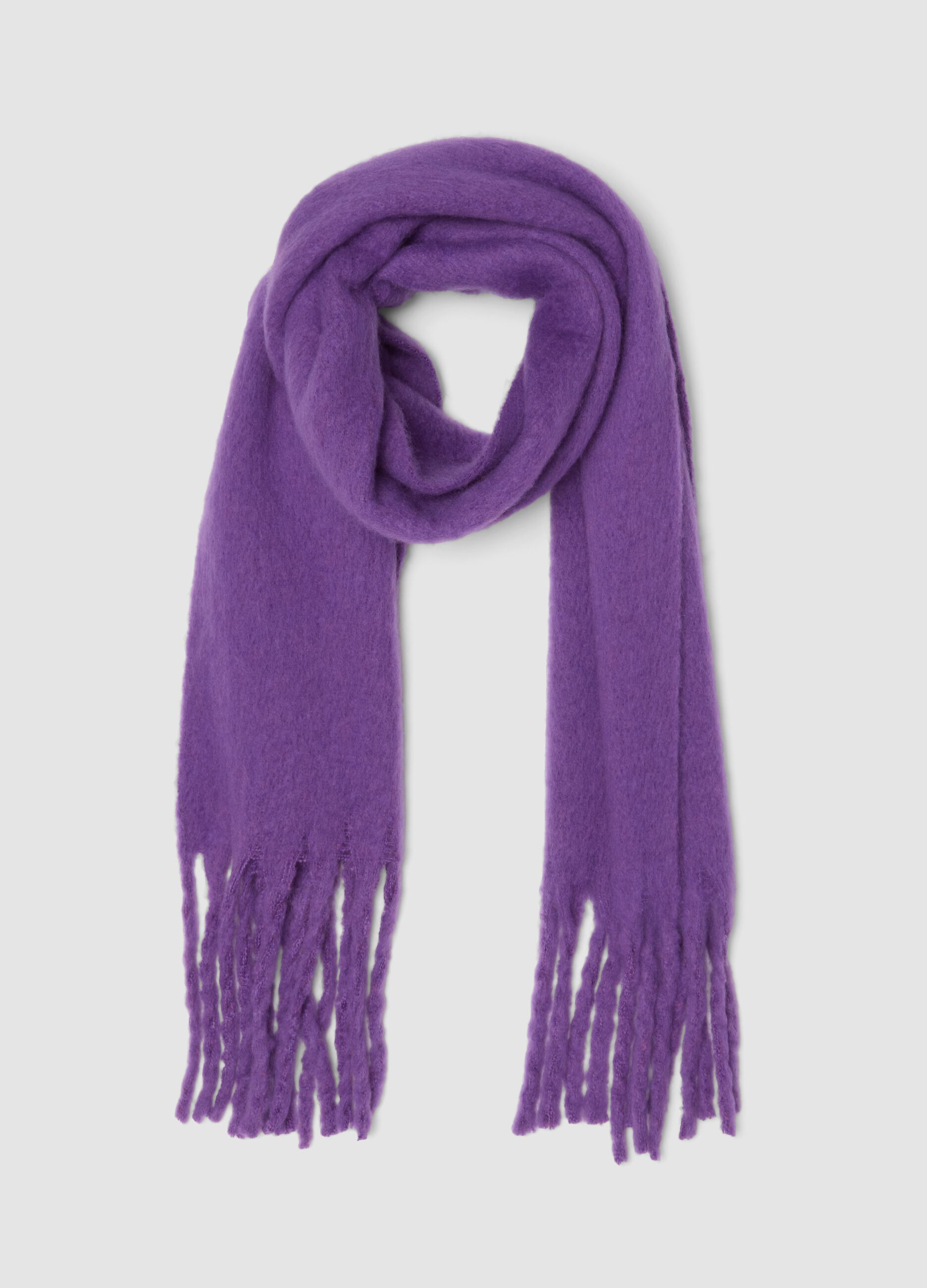 Sciarpa viola in misto lana con frange