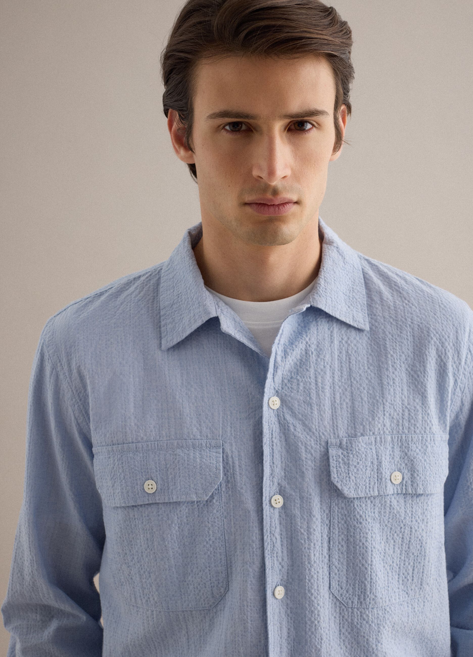 Blue stretch cotton long sleeve shirt regular fit