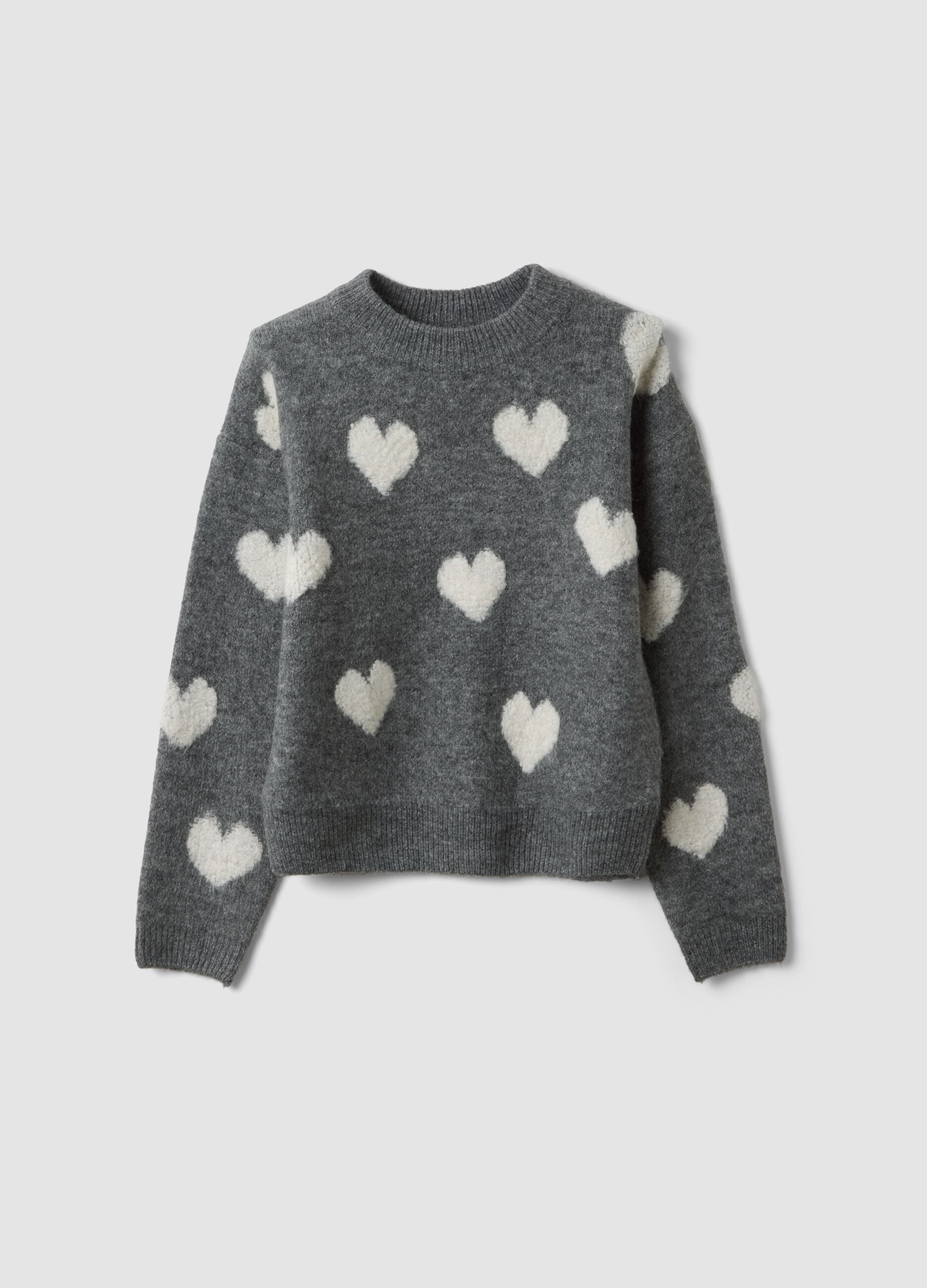Maglia grigia melange in tessuto elasticizzato girocollo con cuori