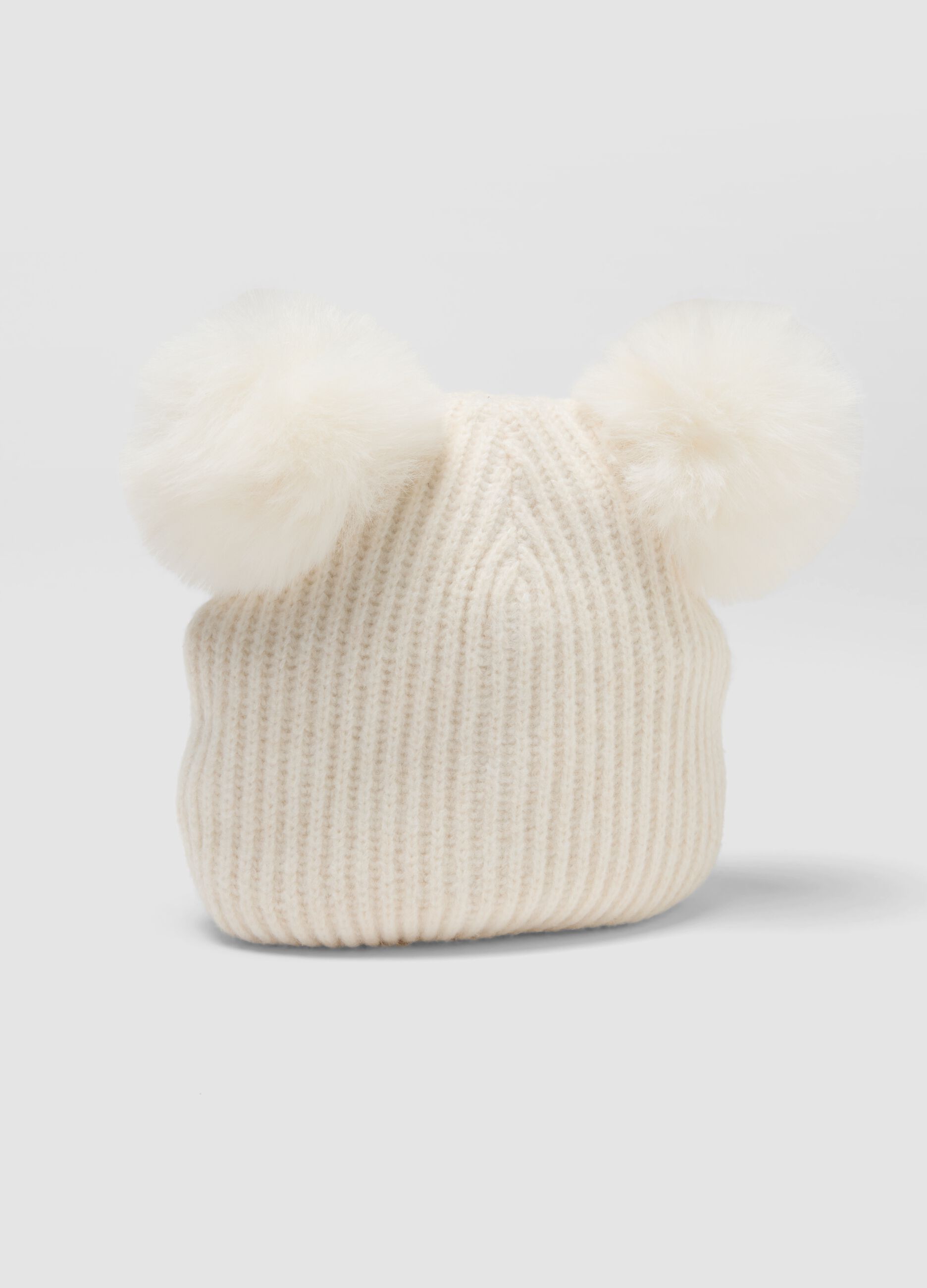 White ribbed wool-blend beanie with two pom-poms