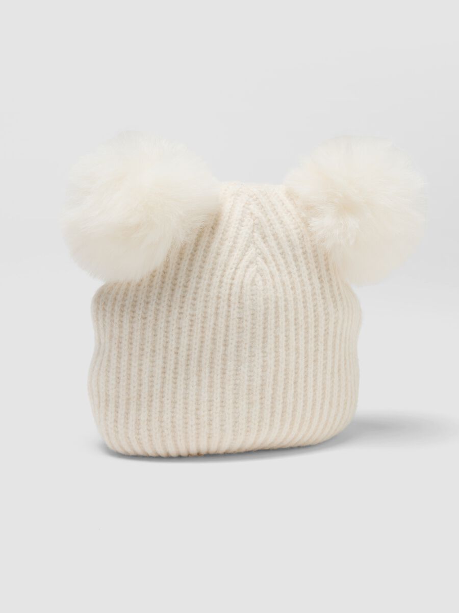 White ribbed wool-blend beanie with two pom-poms_2