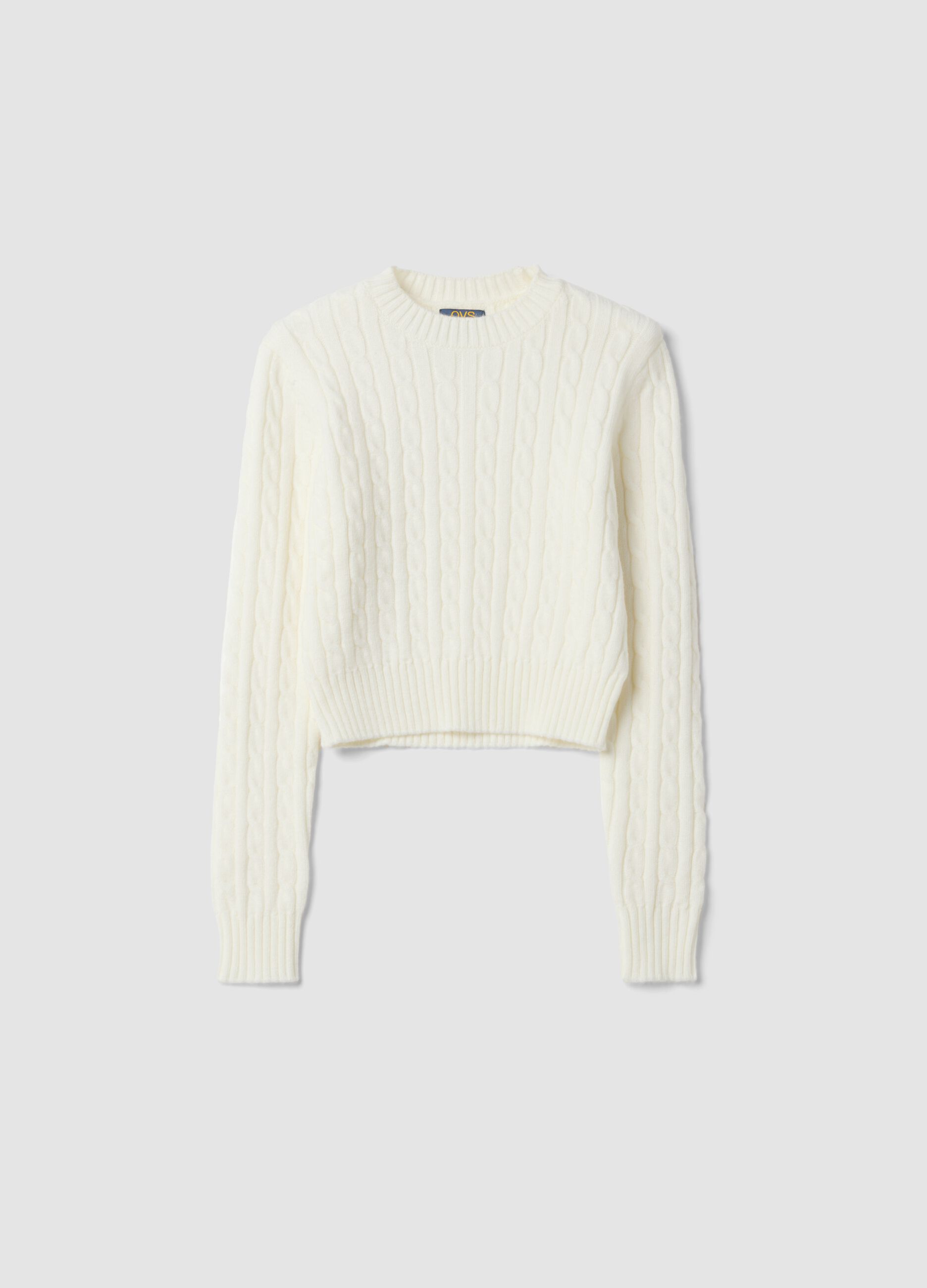 White cable-knit crew-neck jumper, regular fit