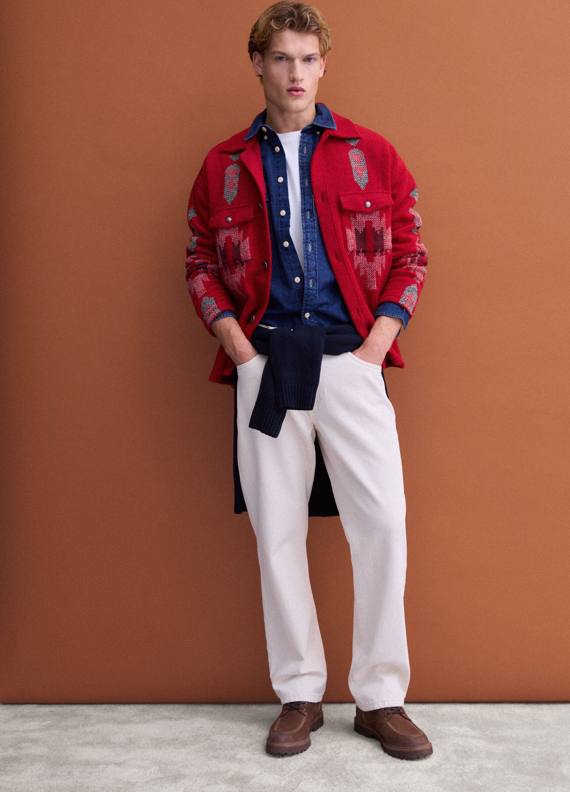 Shacket rossa regular fit con fantasia jacquard