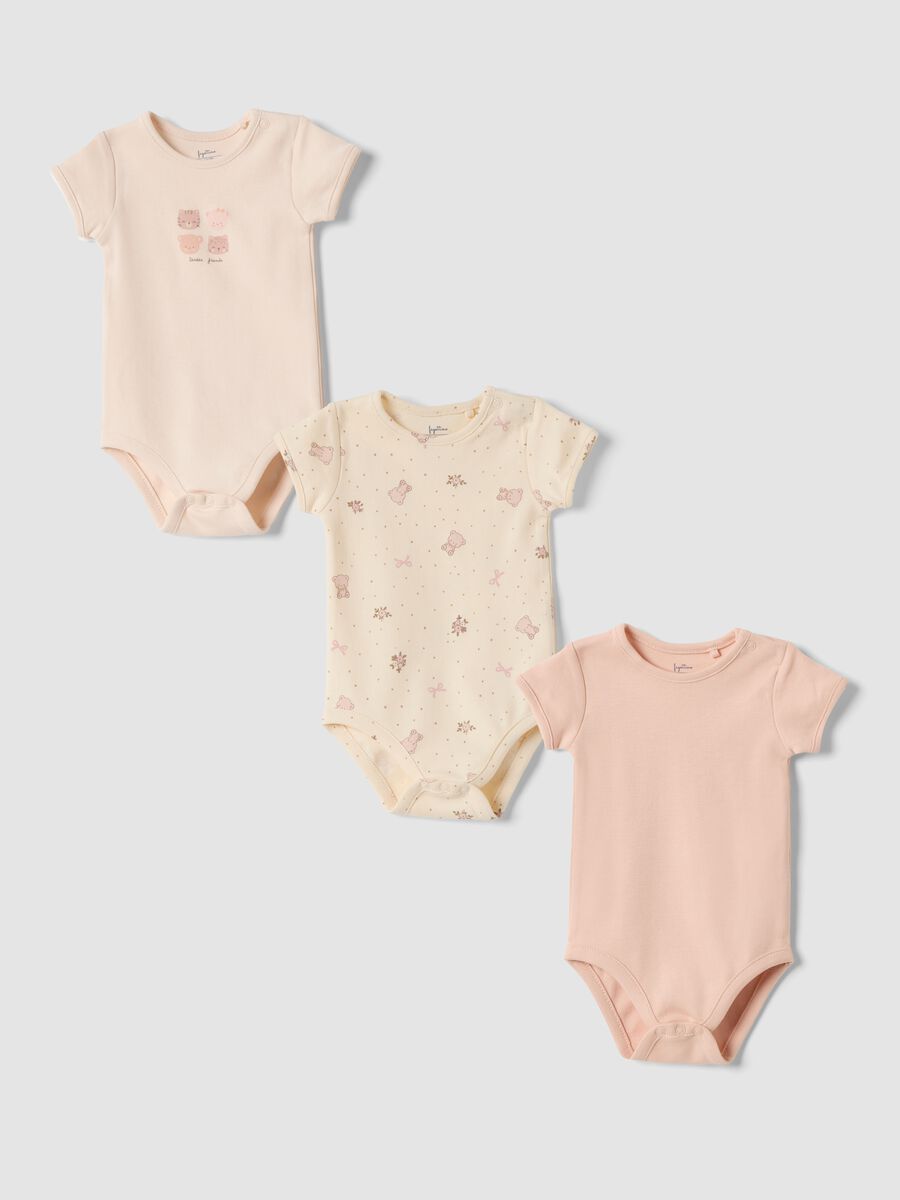 Tripack body rosa e beige in puro cotone organico con fantasia_0