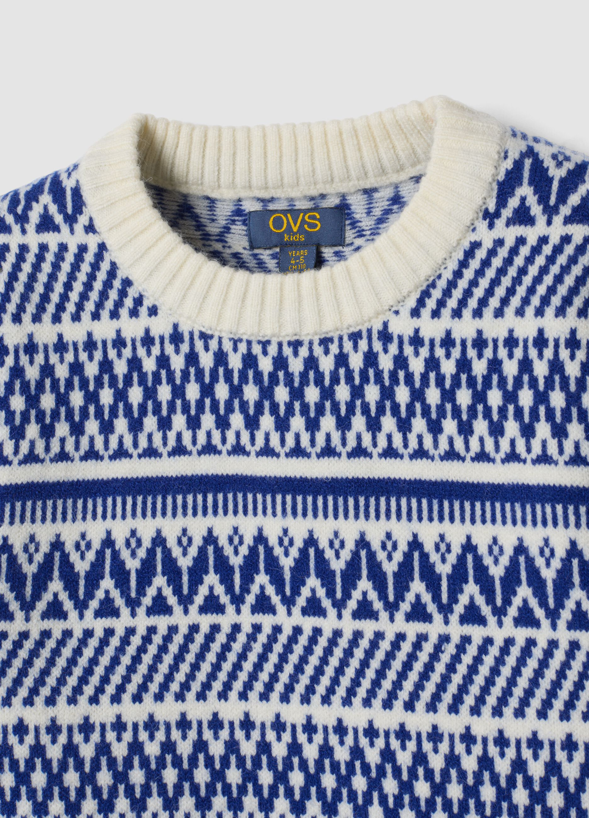 Ivory and royal blue jacquard crew-neck jumper, regular fit