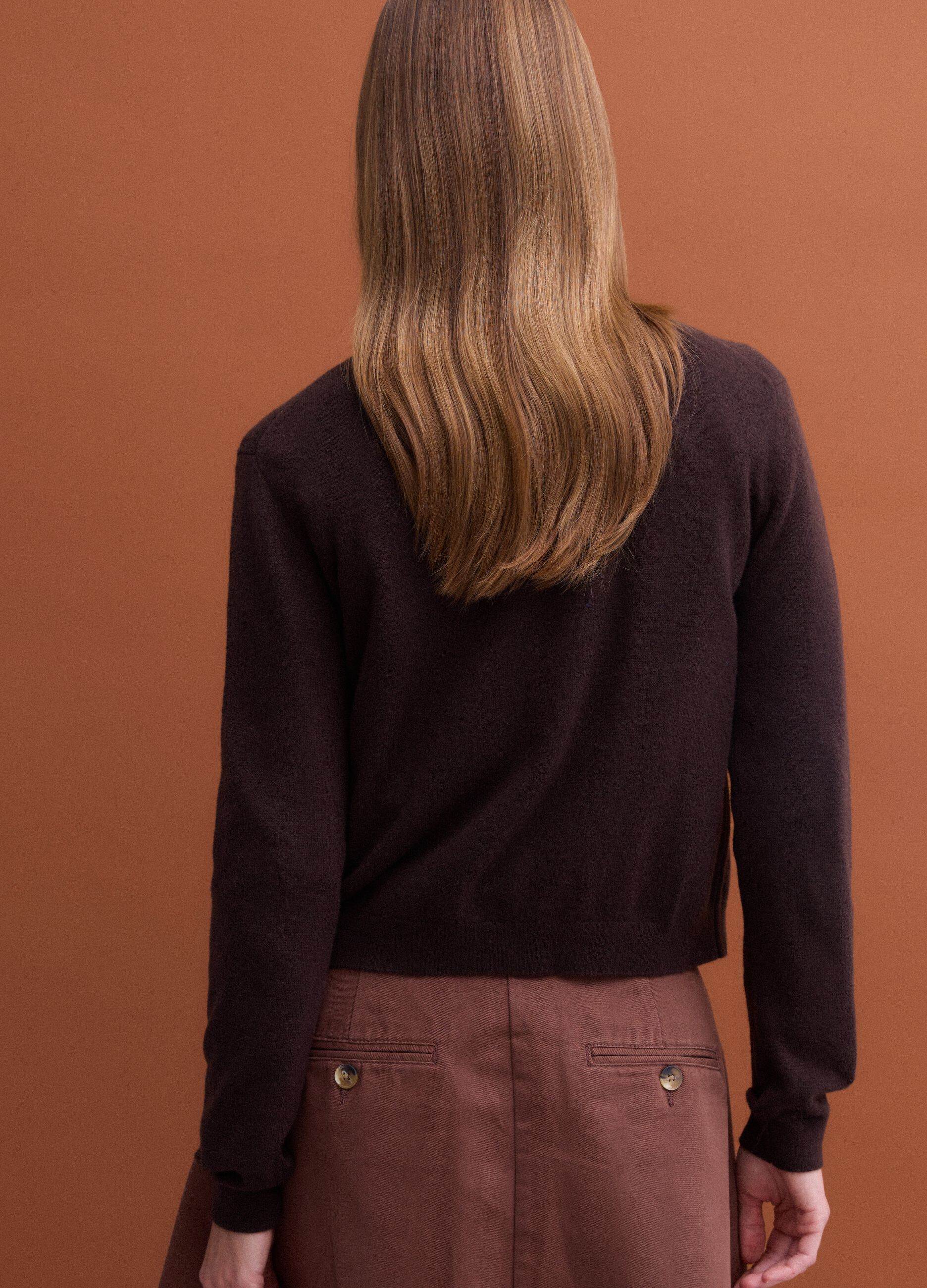 Brown pure wool crew-neck cardigan
