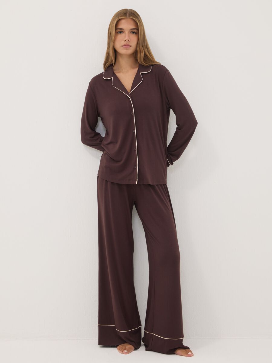 Brown stretch viscose pyjamas with V-neck_0