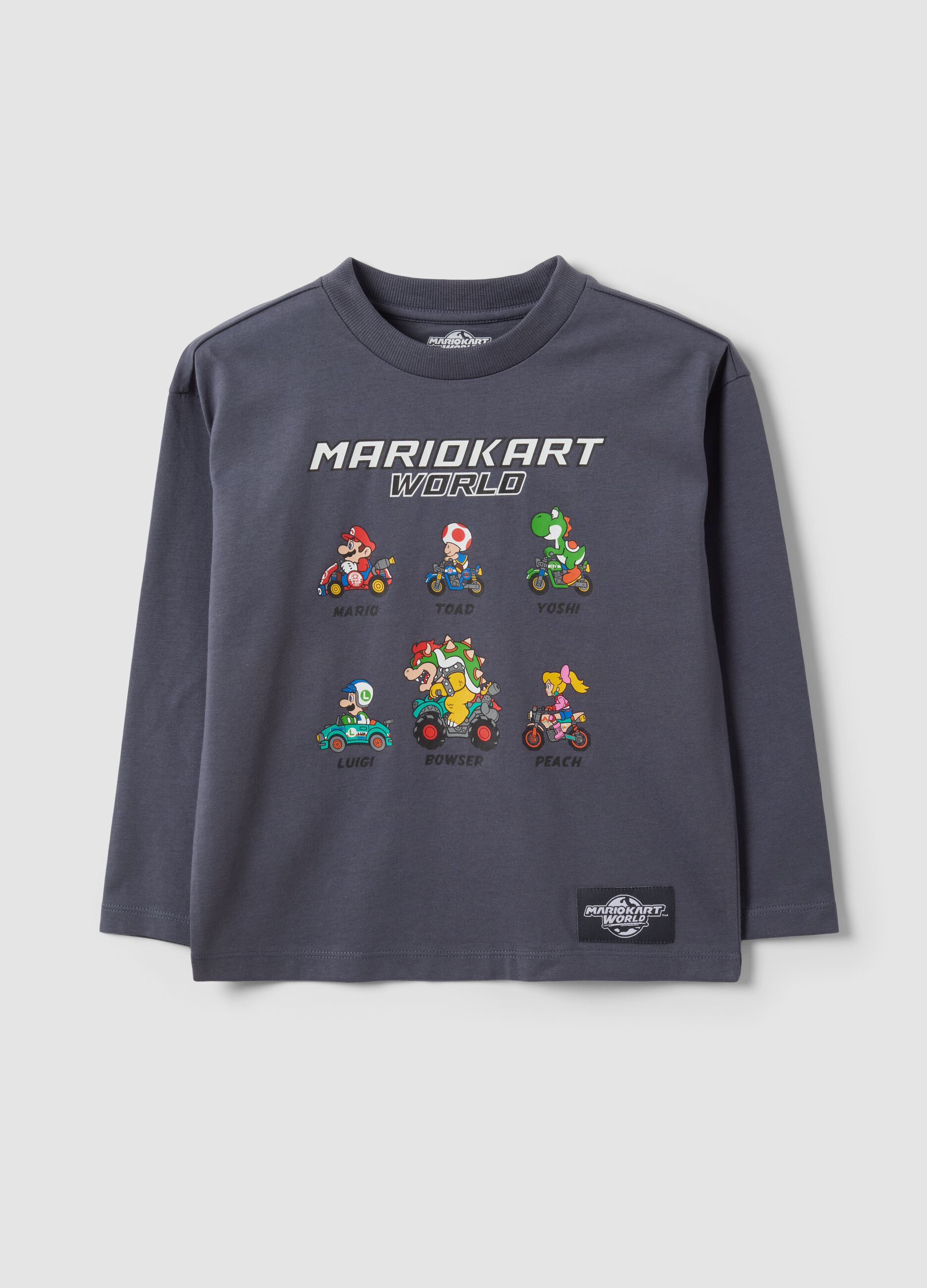 T-shirt grigia in puro cotone con girocollo stampa Mario Kart
