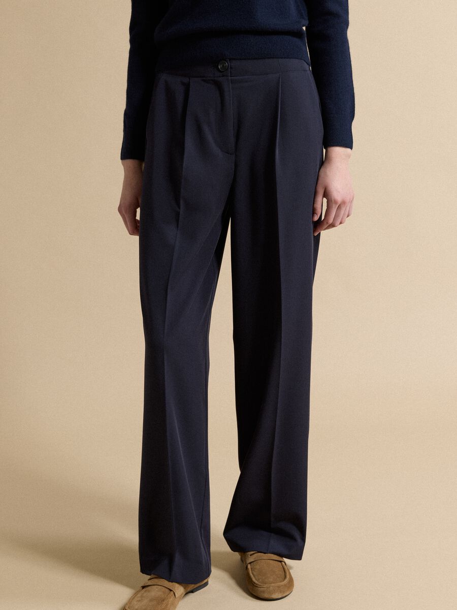 Navy stretch viscose formal trousers, regular fit_1