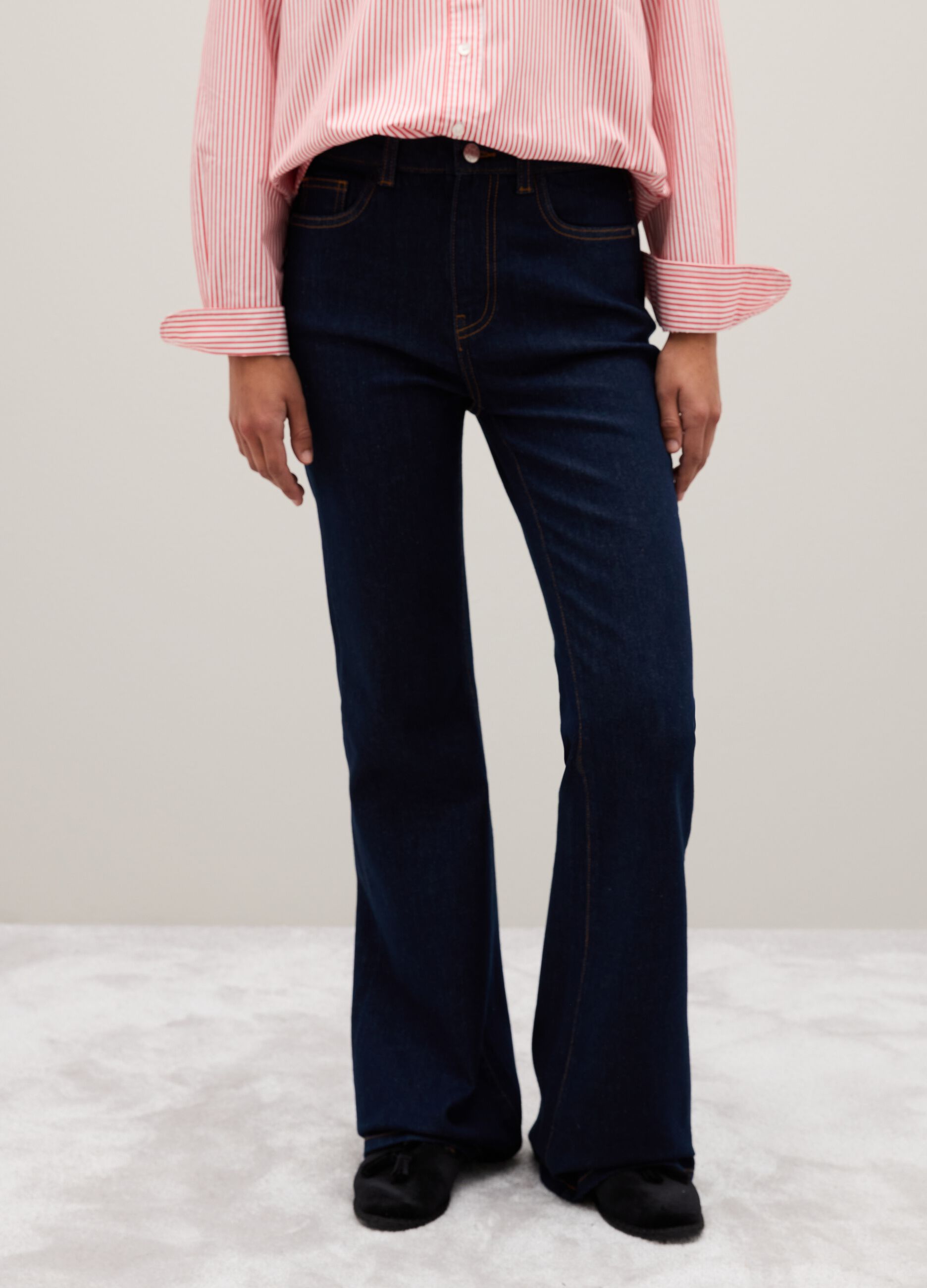 Blue Denim Flare Fit Stretch Cotton Trousers