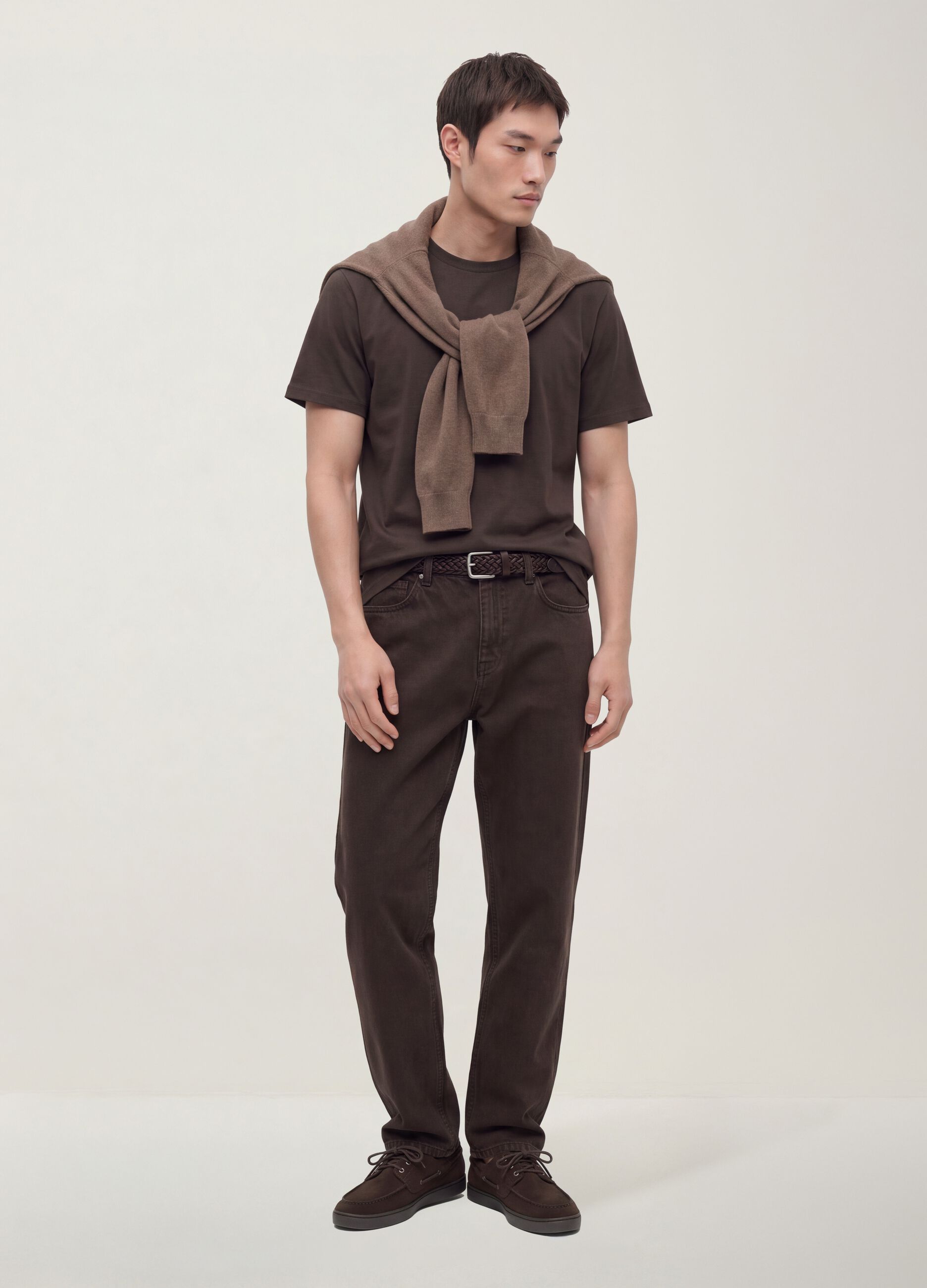Brown mercerised pure cotton regular-fit crew-neck T-shirt