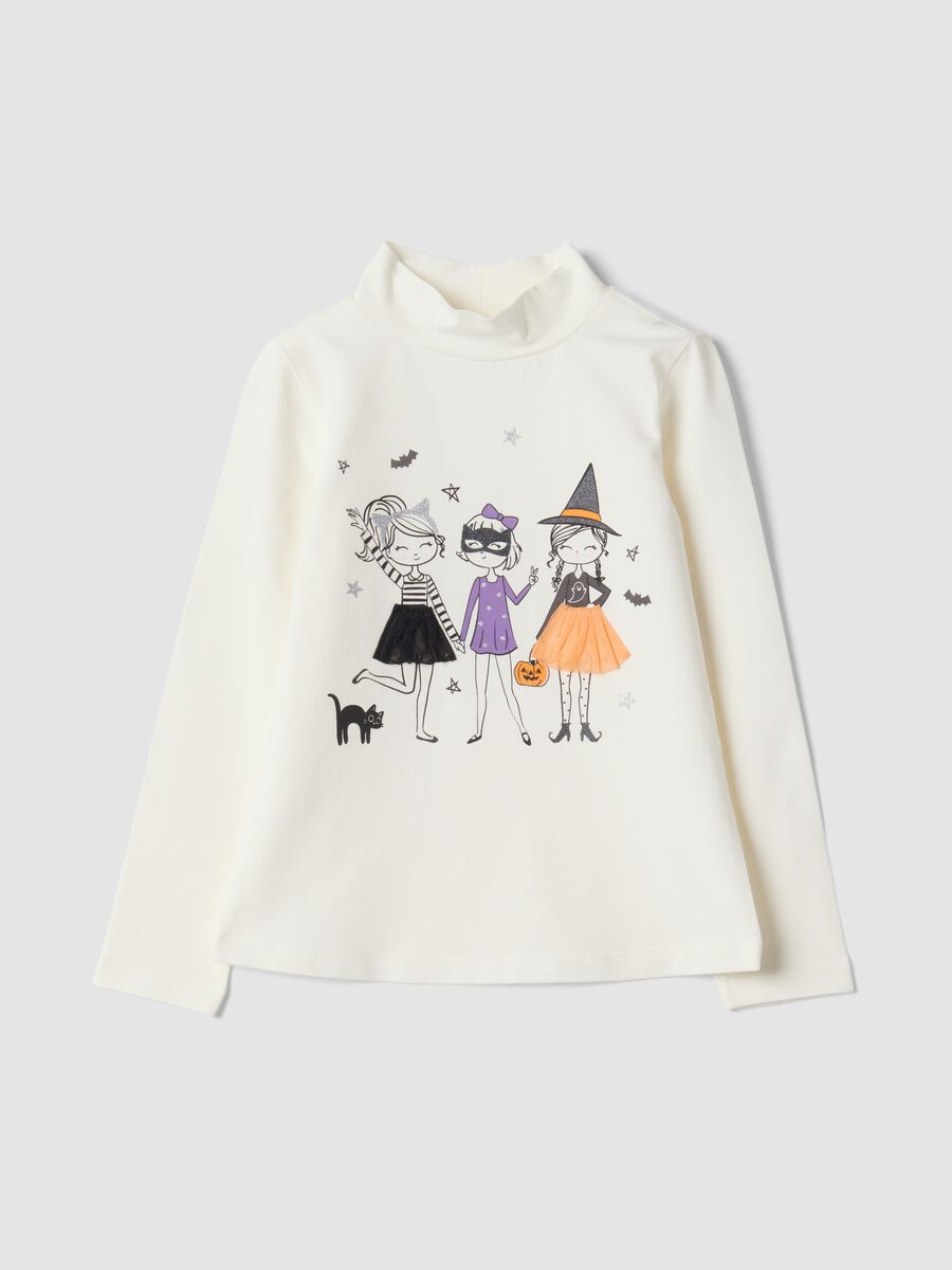 White stretch cotton T-shirt with high neck_0