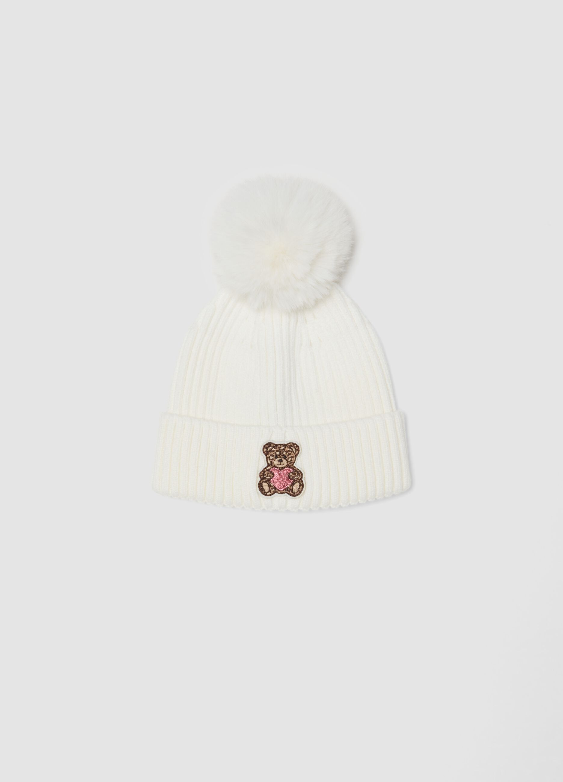 White ribbed viscose-blend beanie with pompom