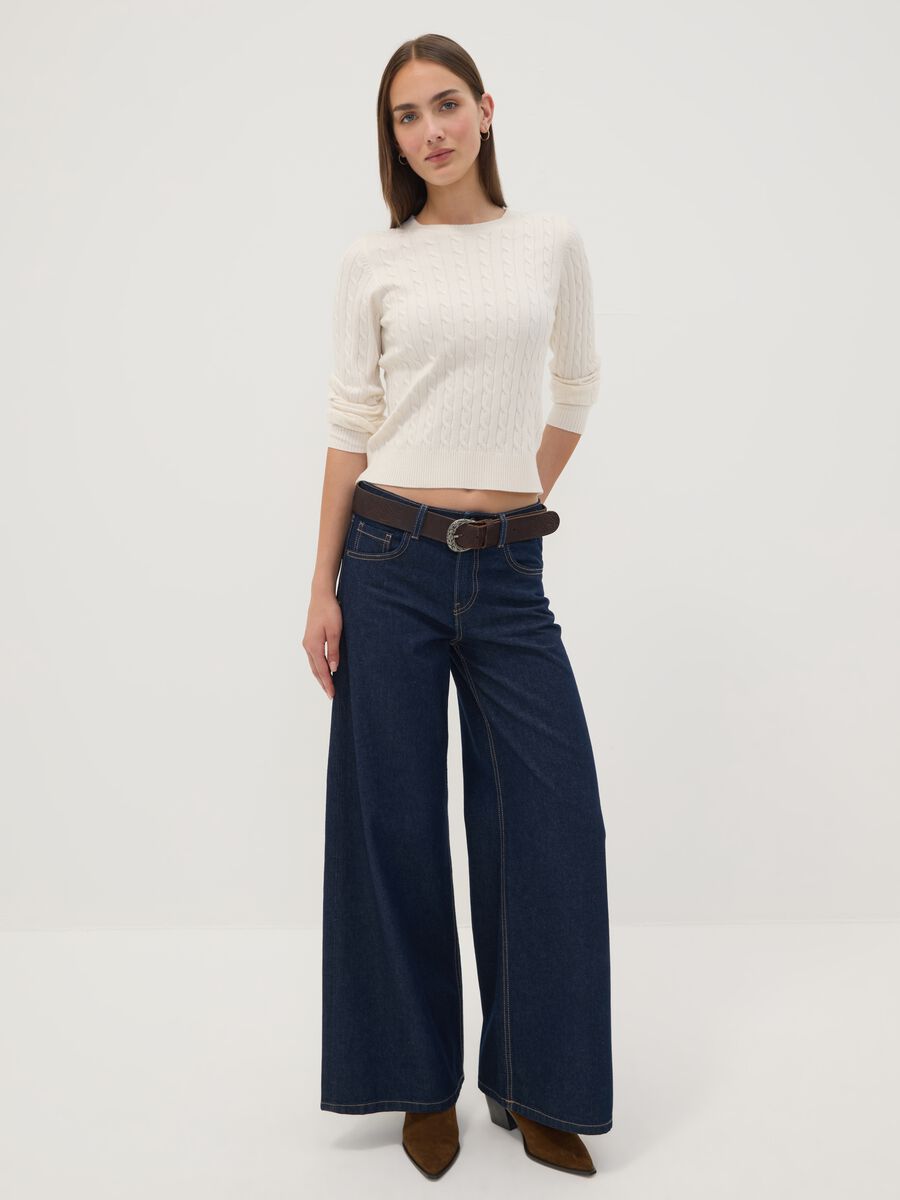 White cable-knit crew-neck jumper, regular fit_1